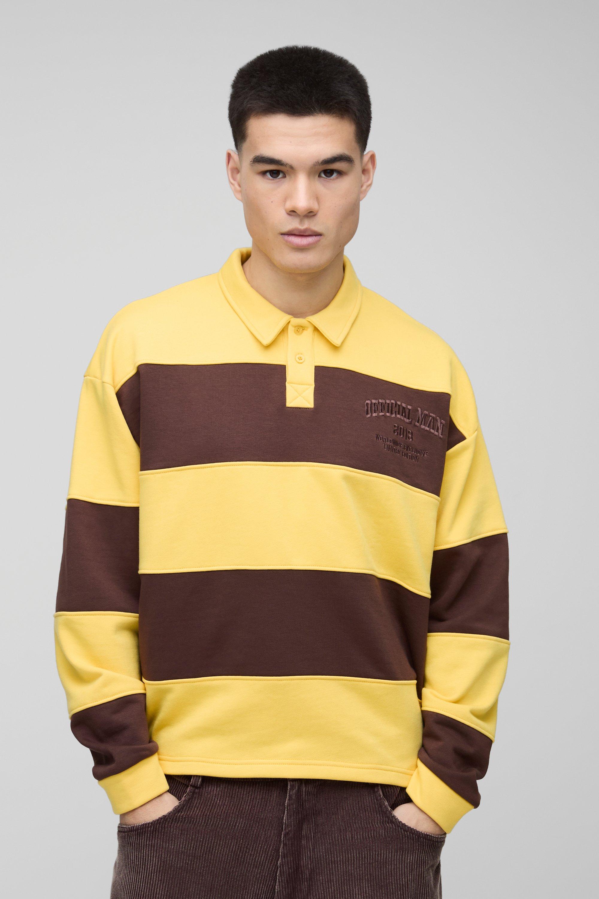 Felpa squadrata oversize stile Rugby a righe con ricami, Giallo
