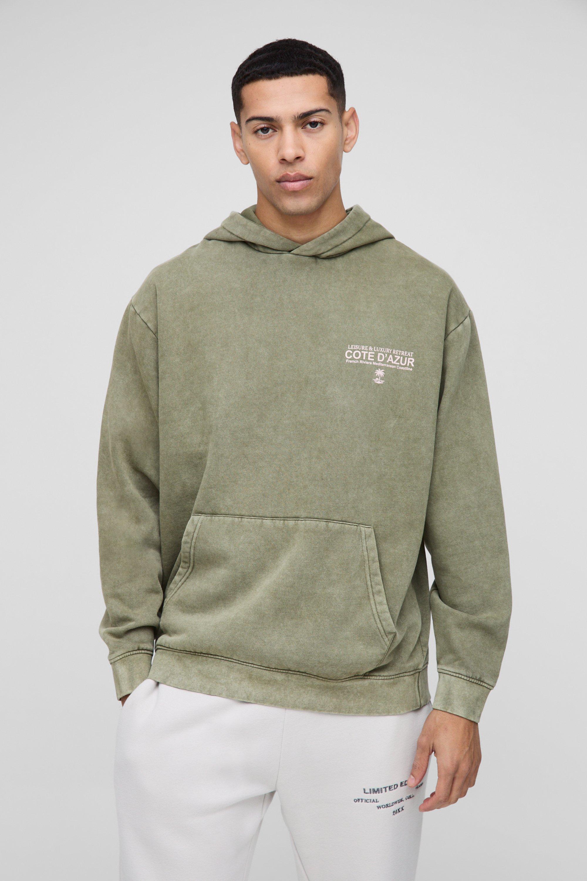 Felpa oversize slavata con grafica Costa Azzurra e cappuccio, Verde