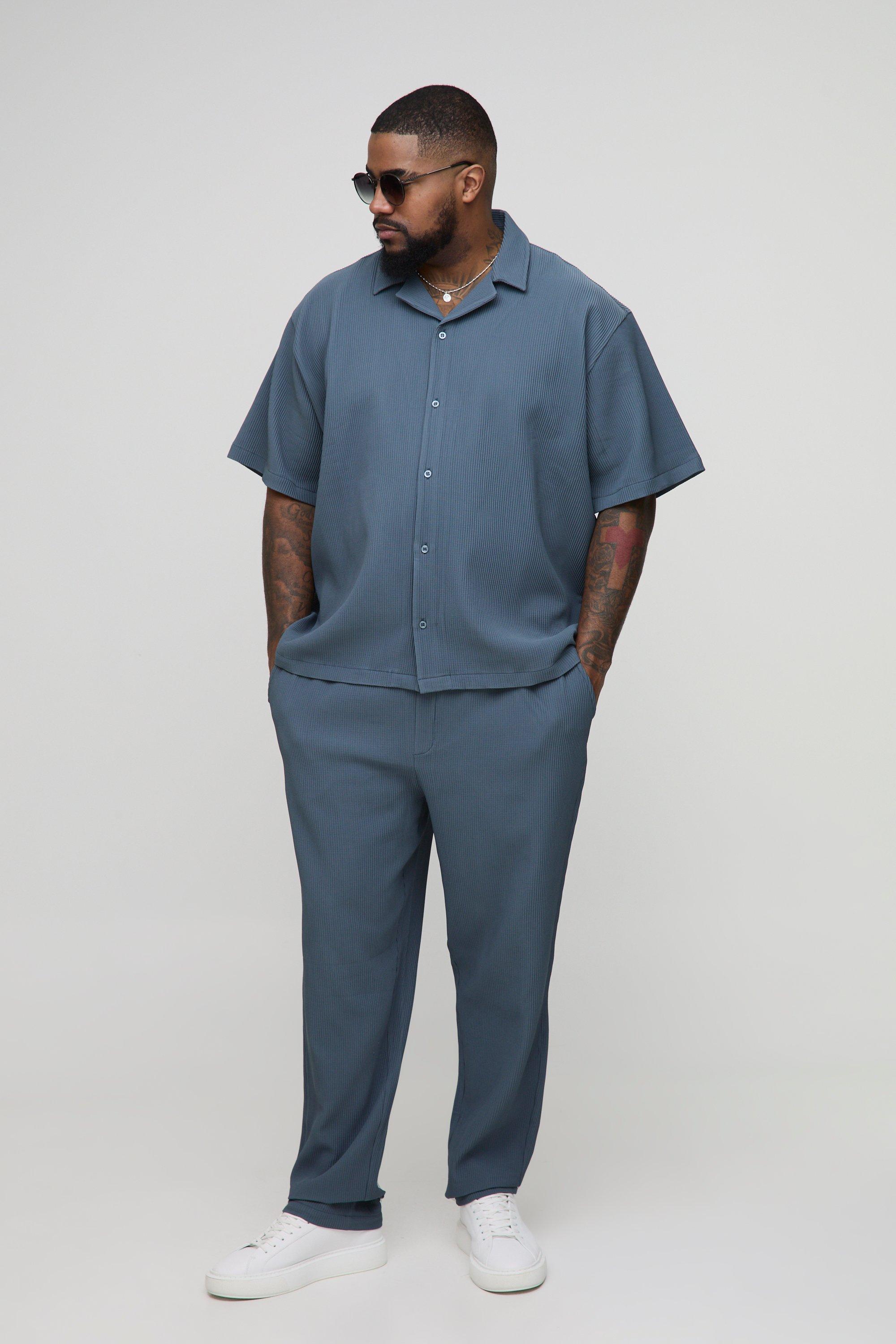 Mens Grey Plus Pleated Shirt & Trouser Set, Grey