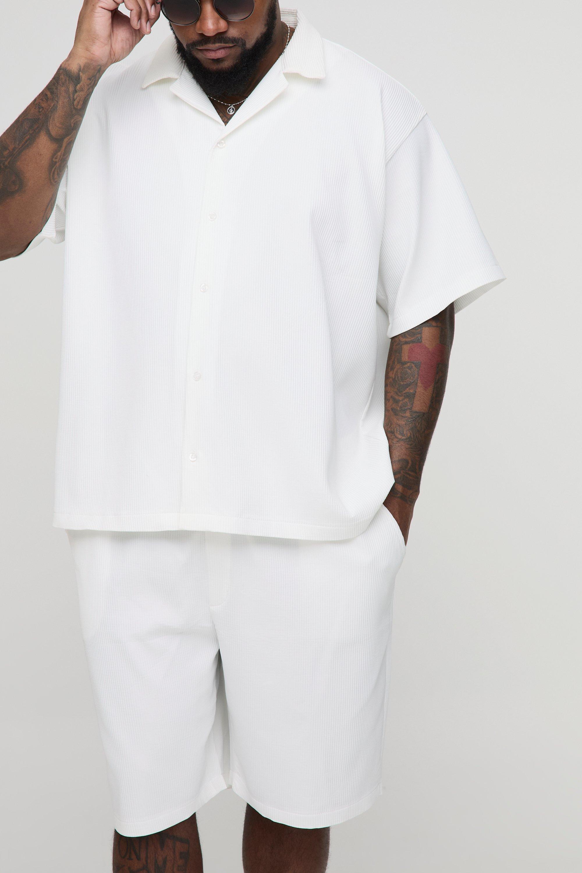 Set Plus Size camicia oversize a pieghe & pantaloncini, Bianco