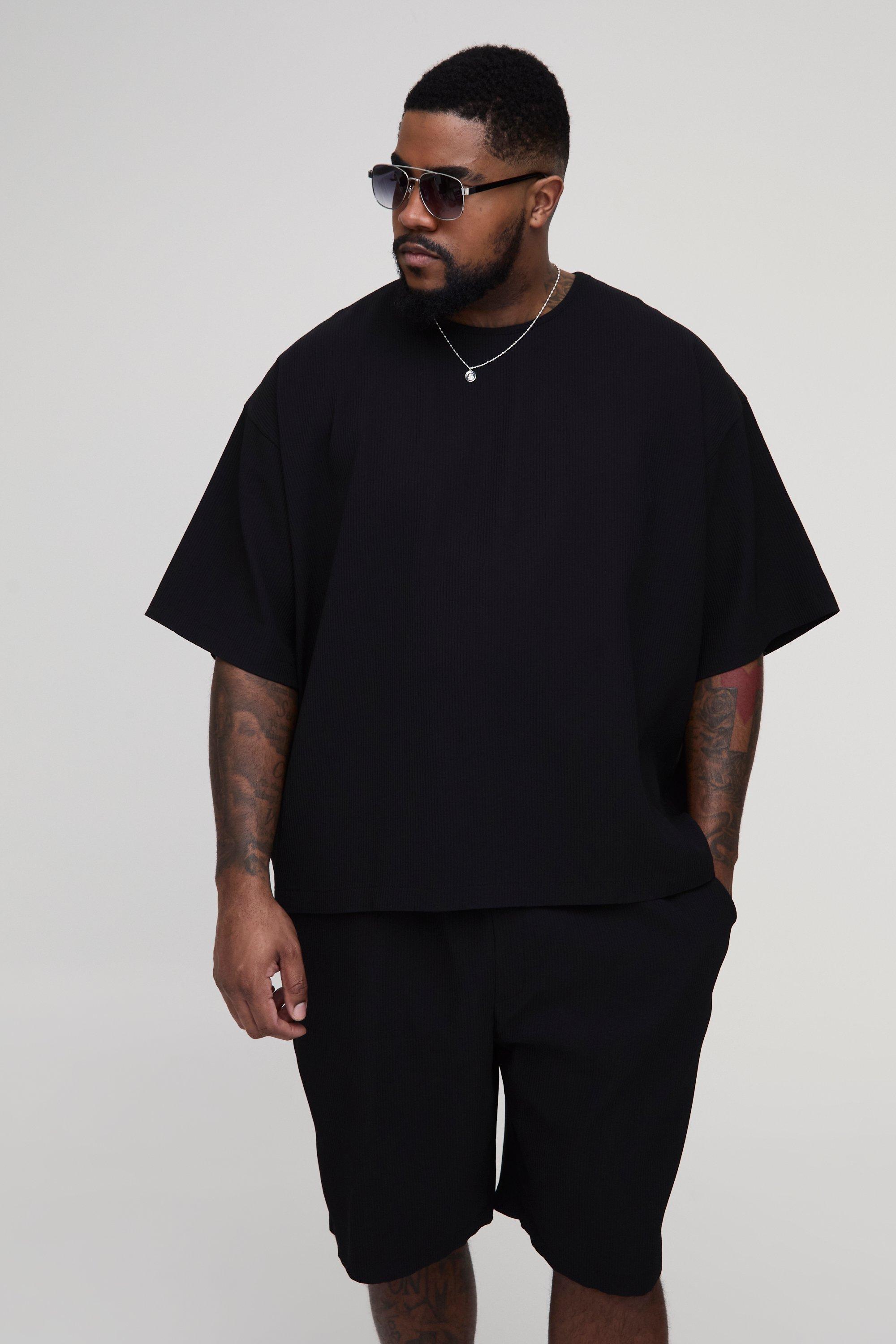 Set Plus Size T-shirt squadrata oversize con pieghe & pantaloncini, Nero