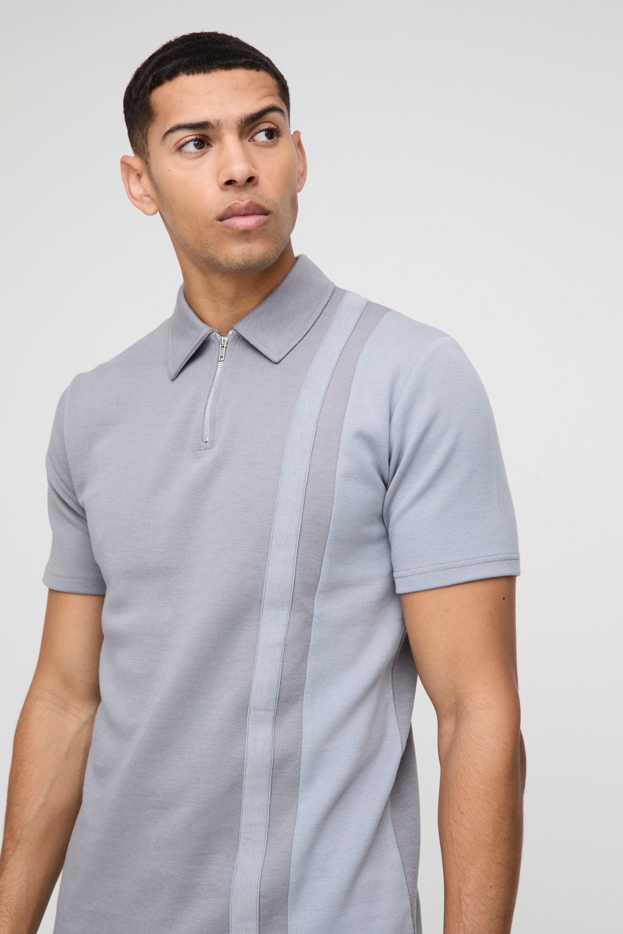 Mens Grey Slim Side Panel Zip Neck Interlock Polo, Grey