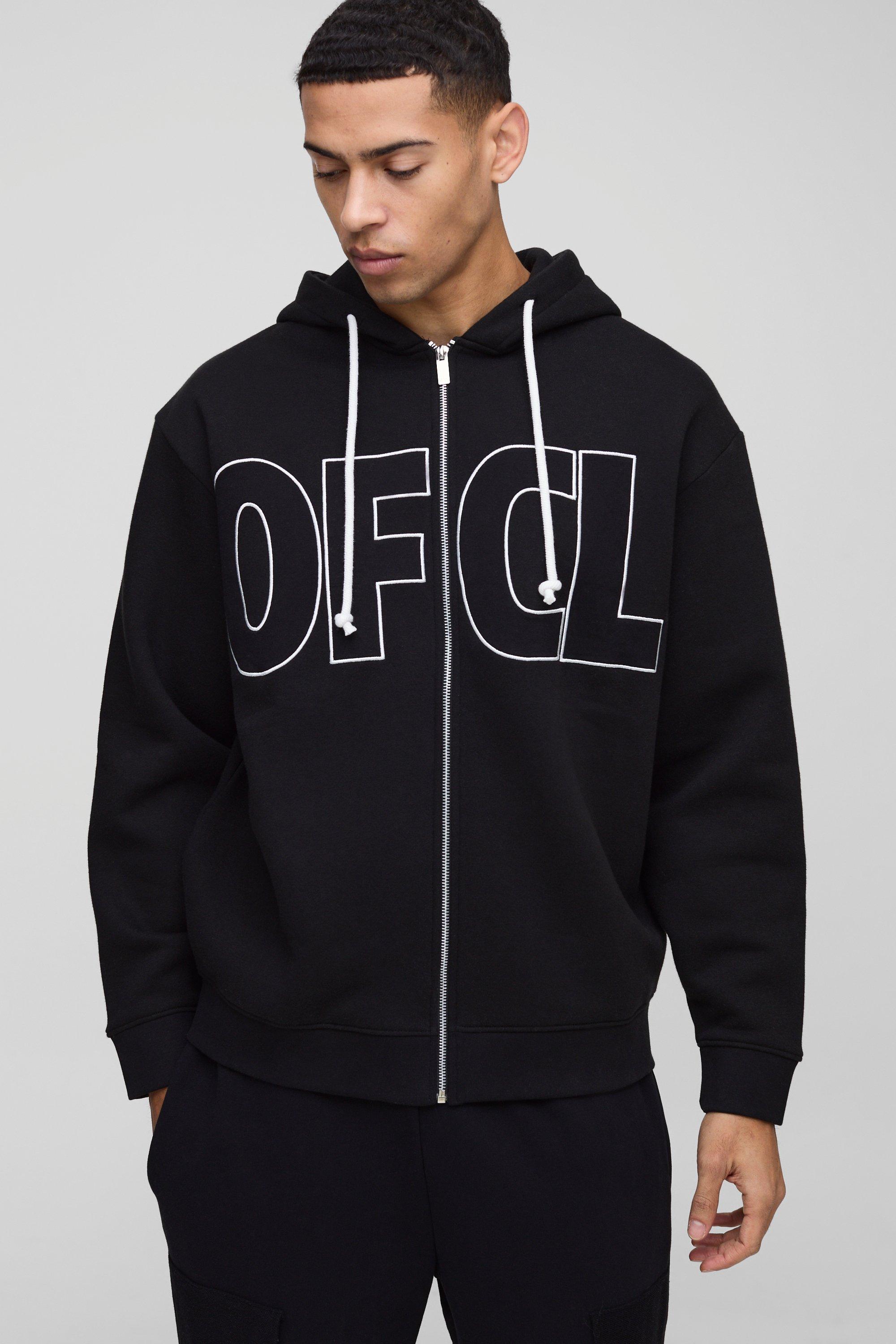 Felpa squadrata oversize Ofcl con applique, zip e cappuccio, Nero