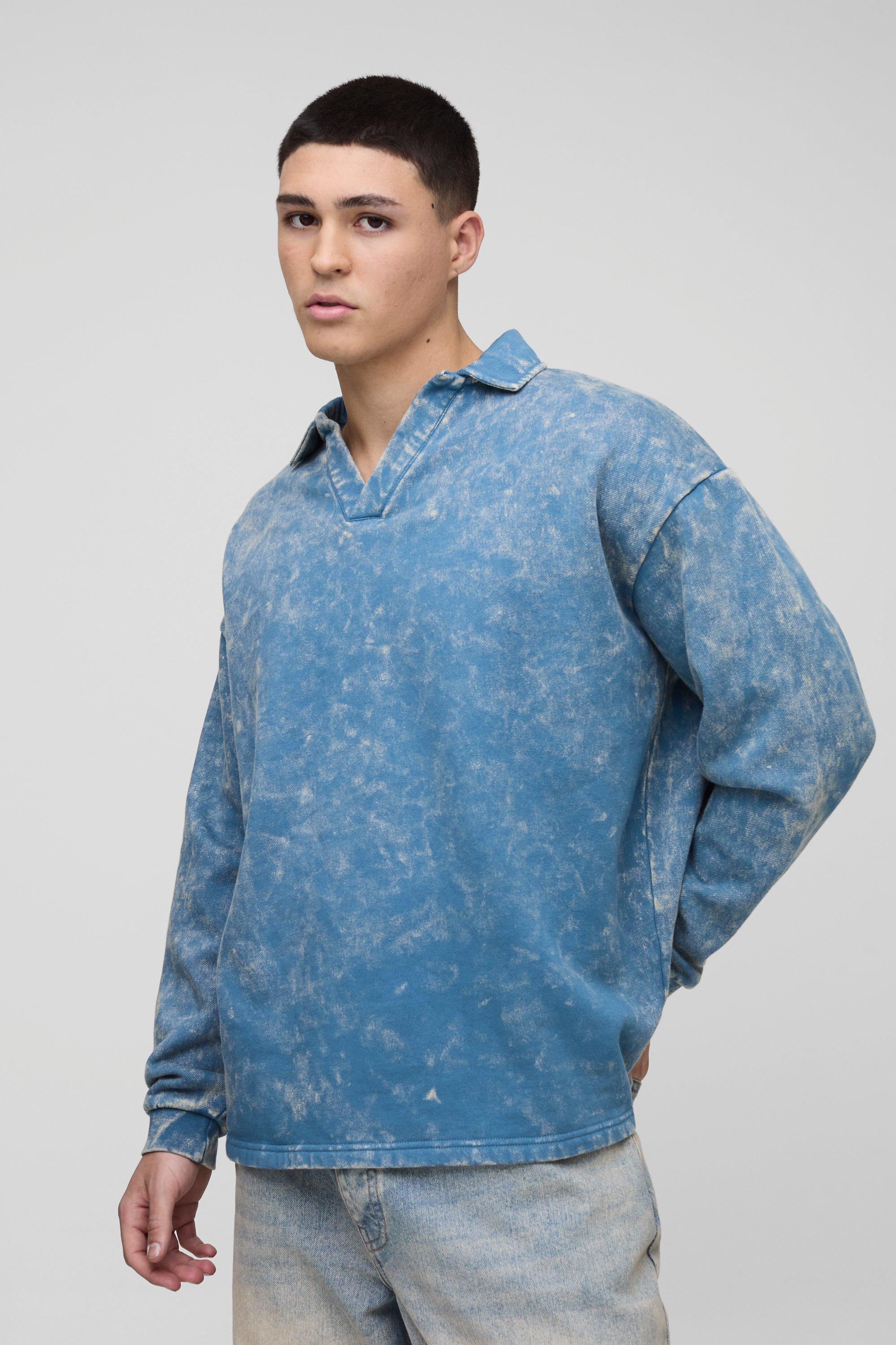 Polo oversize in felpa slavata con rever, Verde