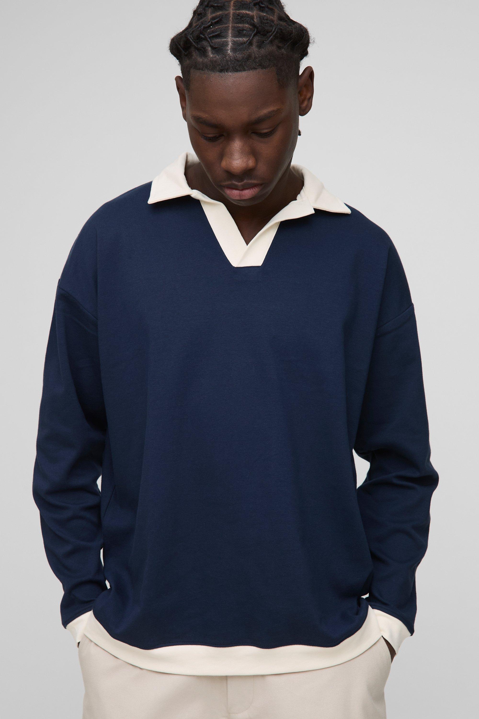 Mens Navy Regular Fit Contrast Interlock Revere Rugby Polo, Navy