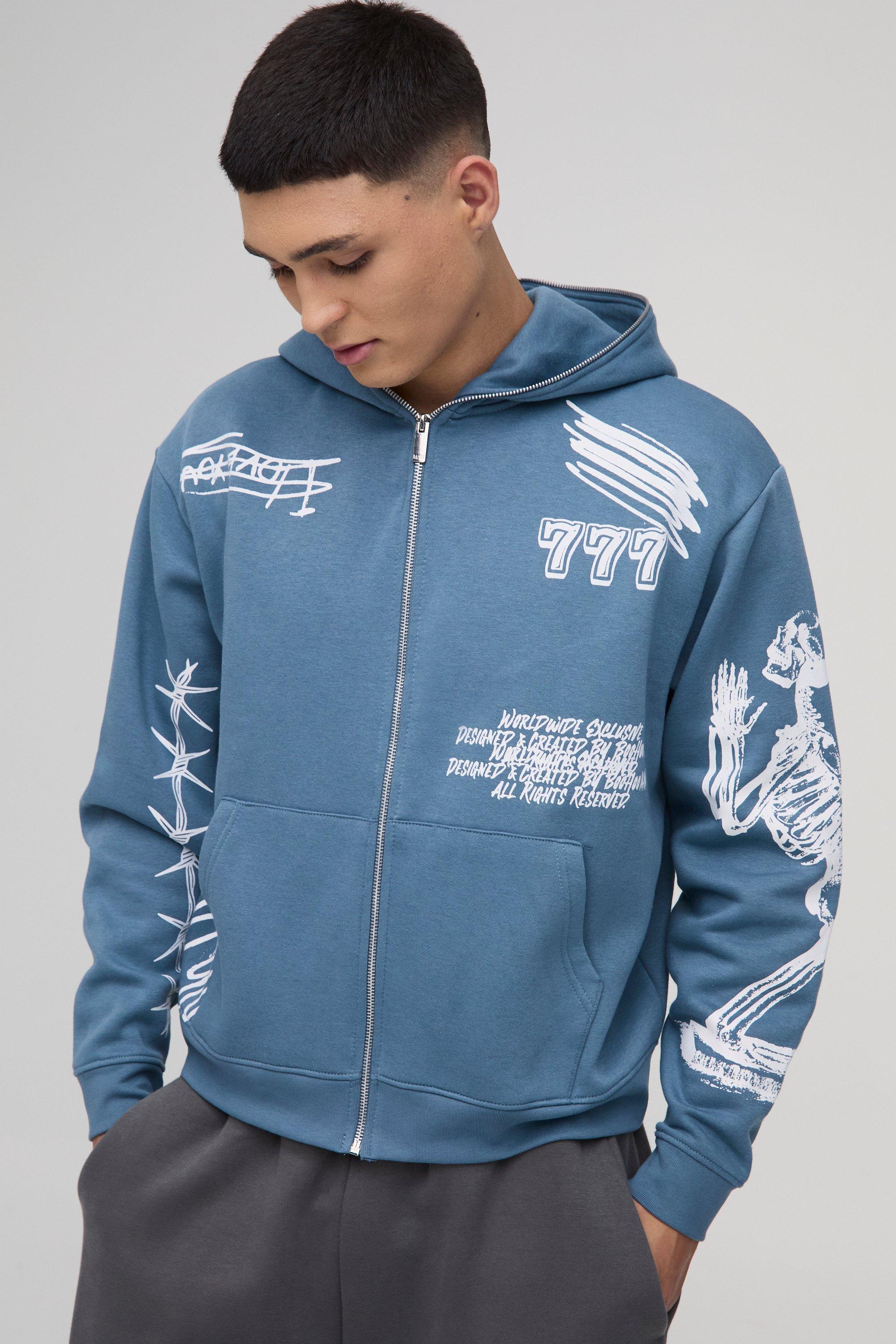 Felpa oversize AOP con ghirigori, zip e cappuccio, Grigio