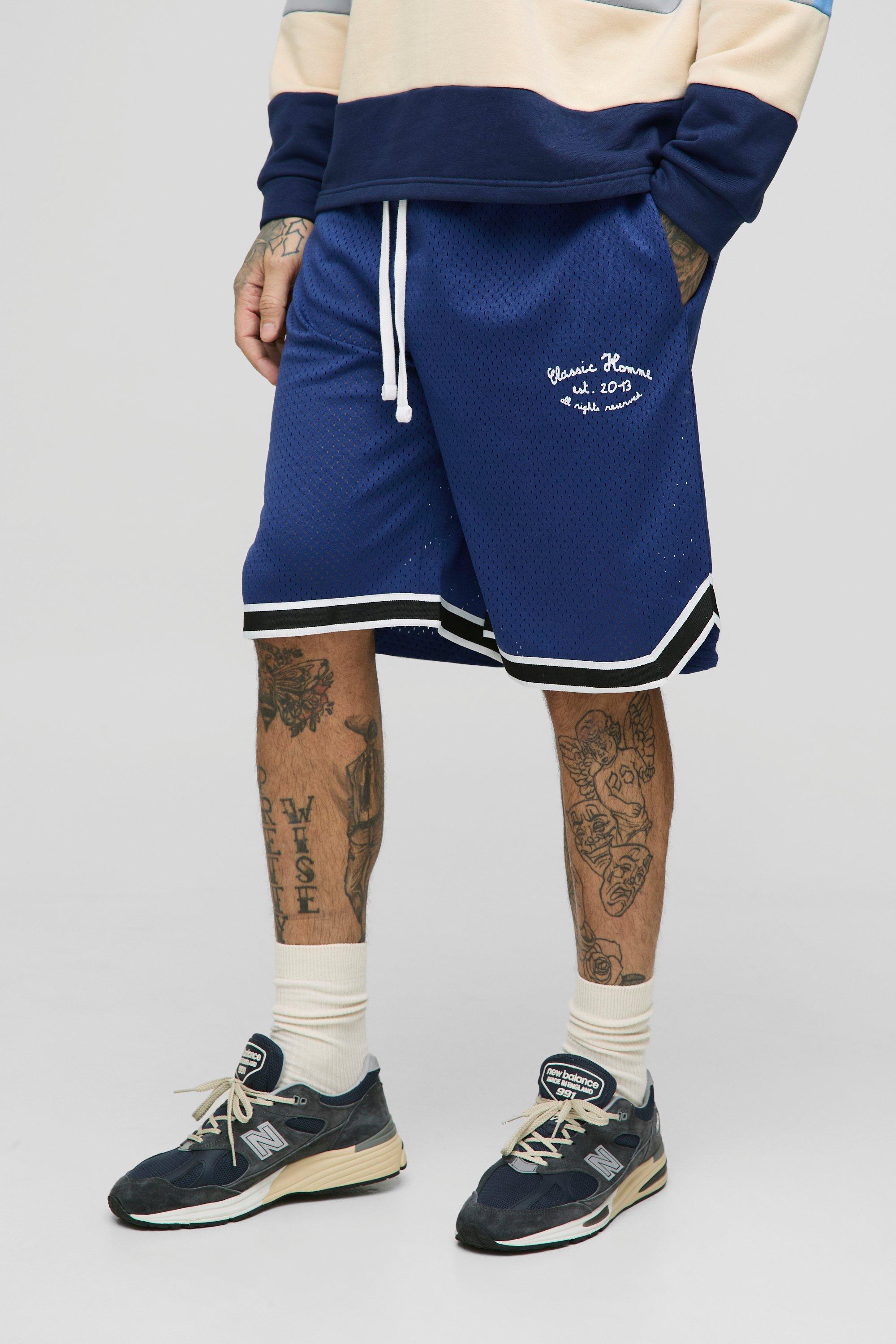 Mens Navy Tall Airtex Tape Detail Loose Fit Basketball Shorts, Navy
