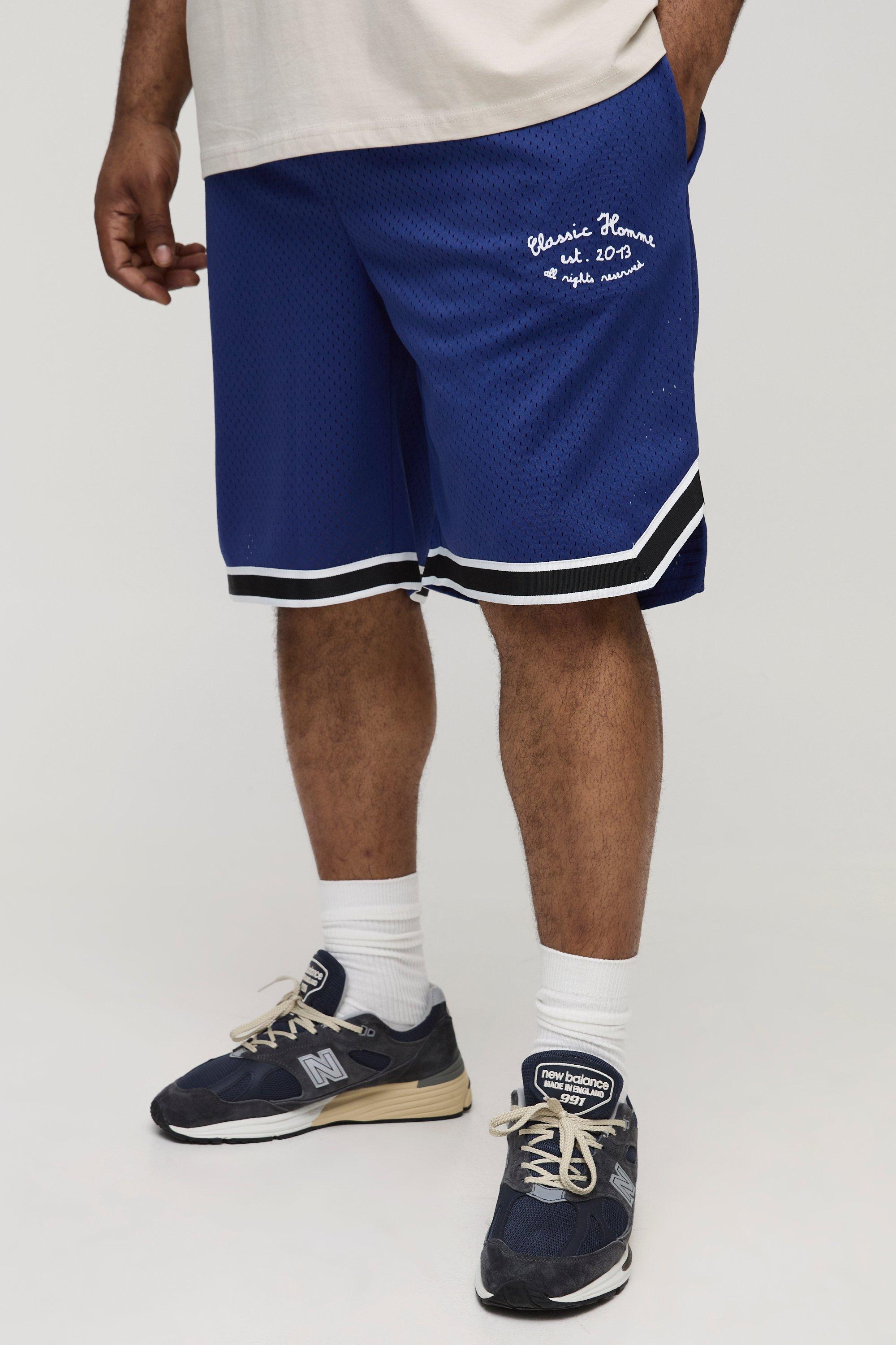 Mens Navy Plus Airtex Tape Detail Loose Fit Basketball Shorts, Navy