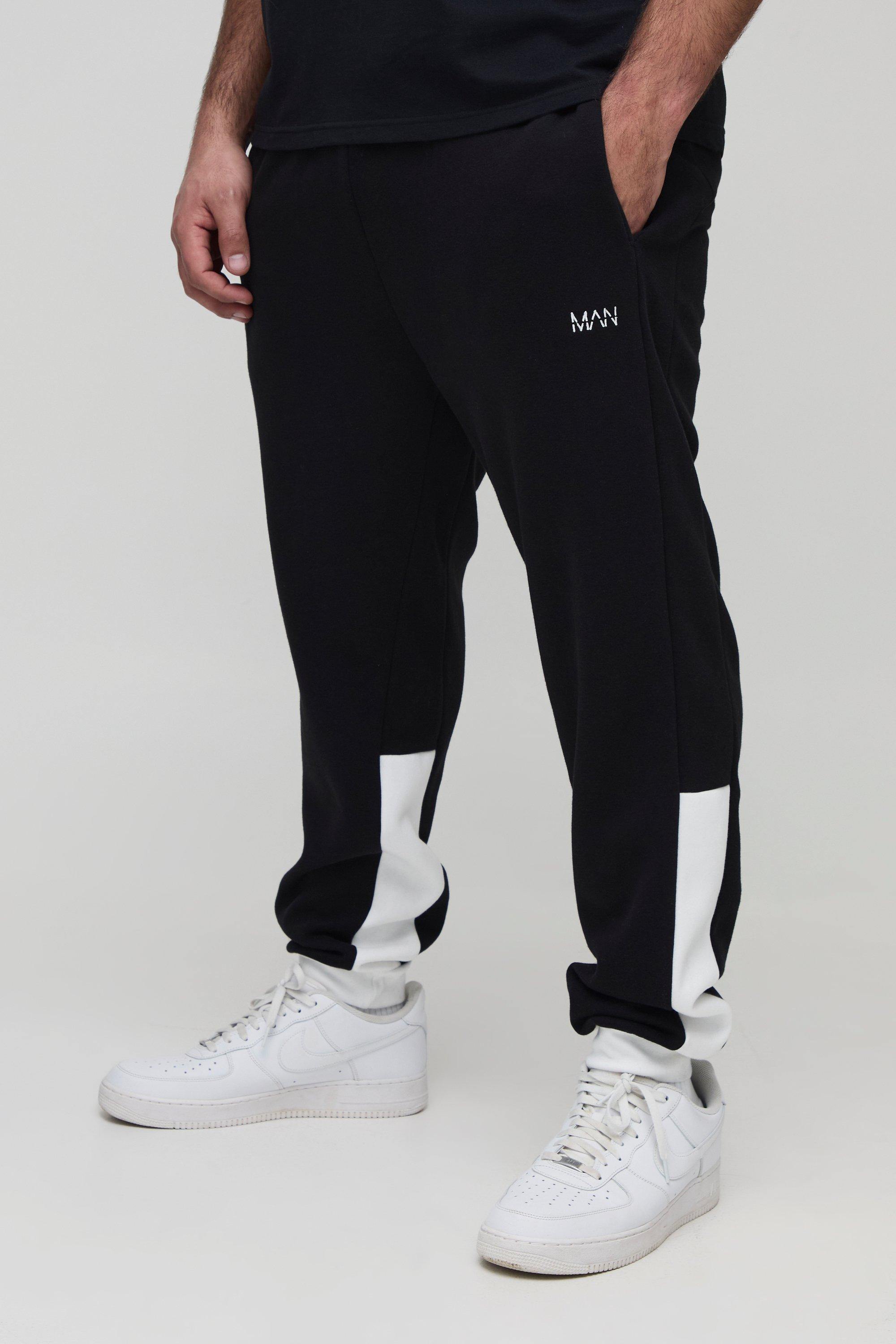 Pantaloni tuta Plus Size Slim Fit a blocchi di colore con stampa Man, Nero