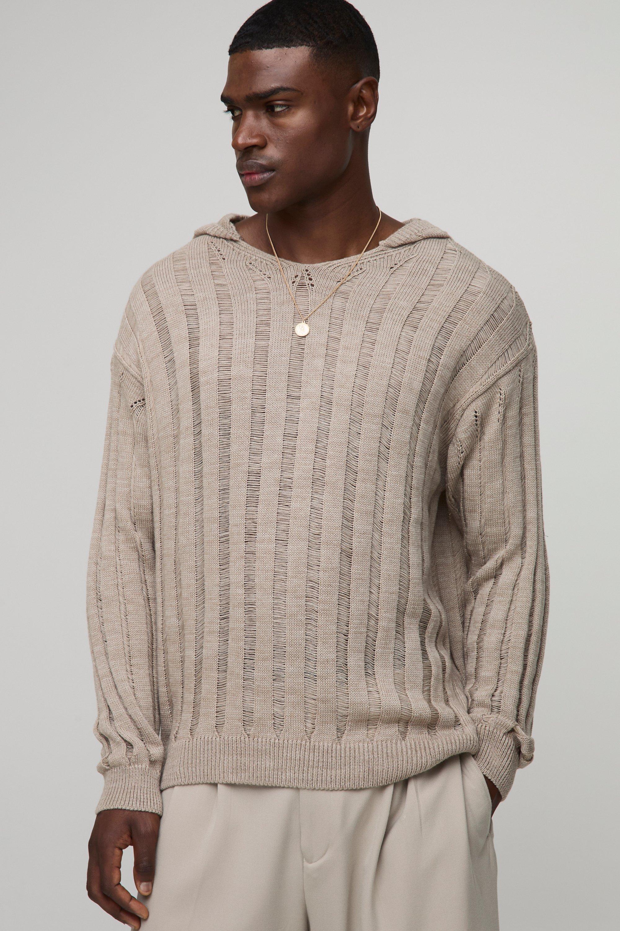Felpa oversize in maglia con cappuccio, Beige