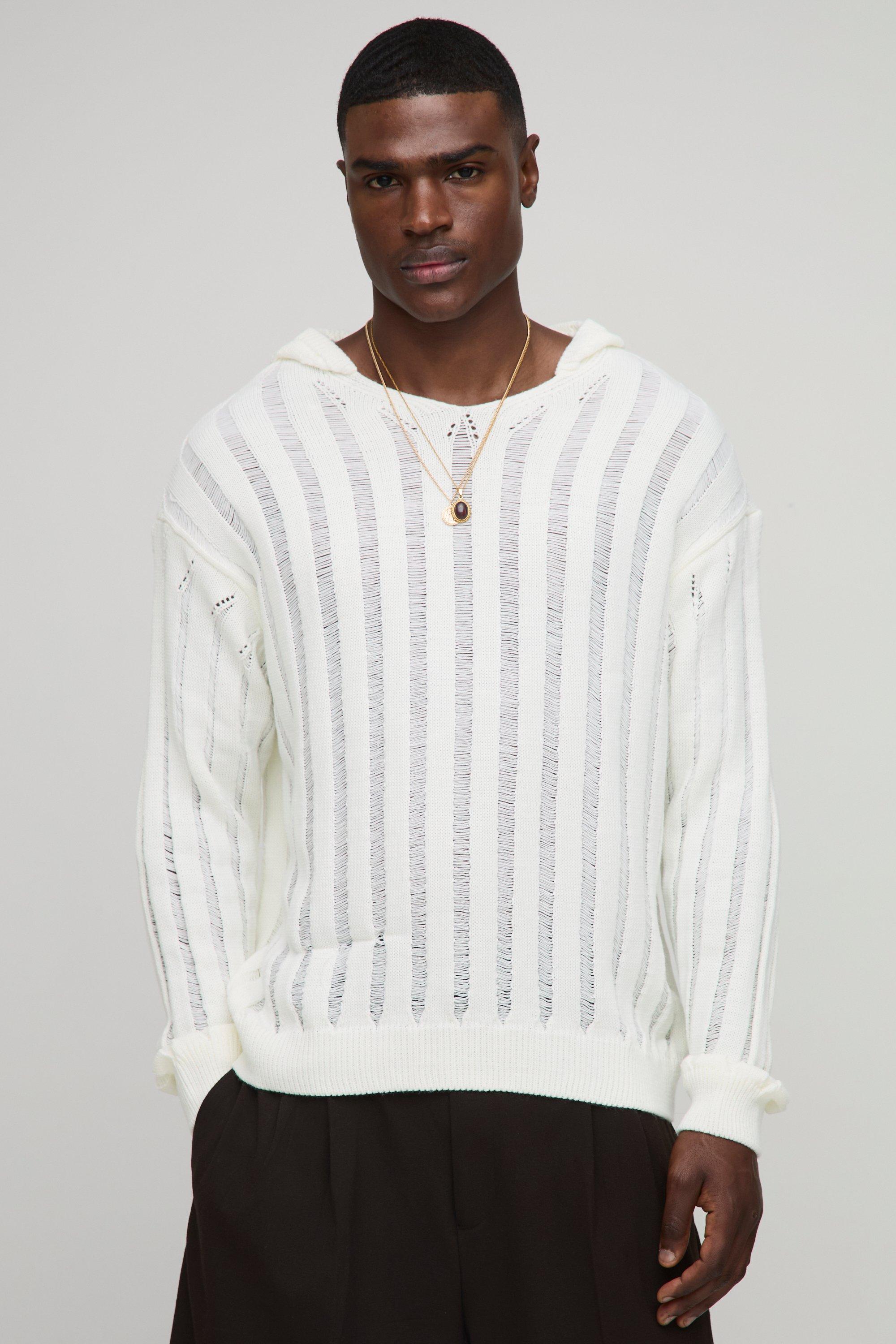 Felpa oversize in maglia con cappuccio, Bianco
