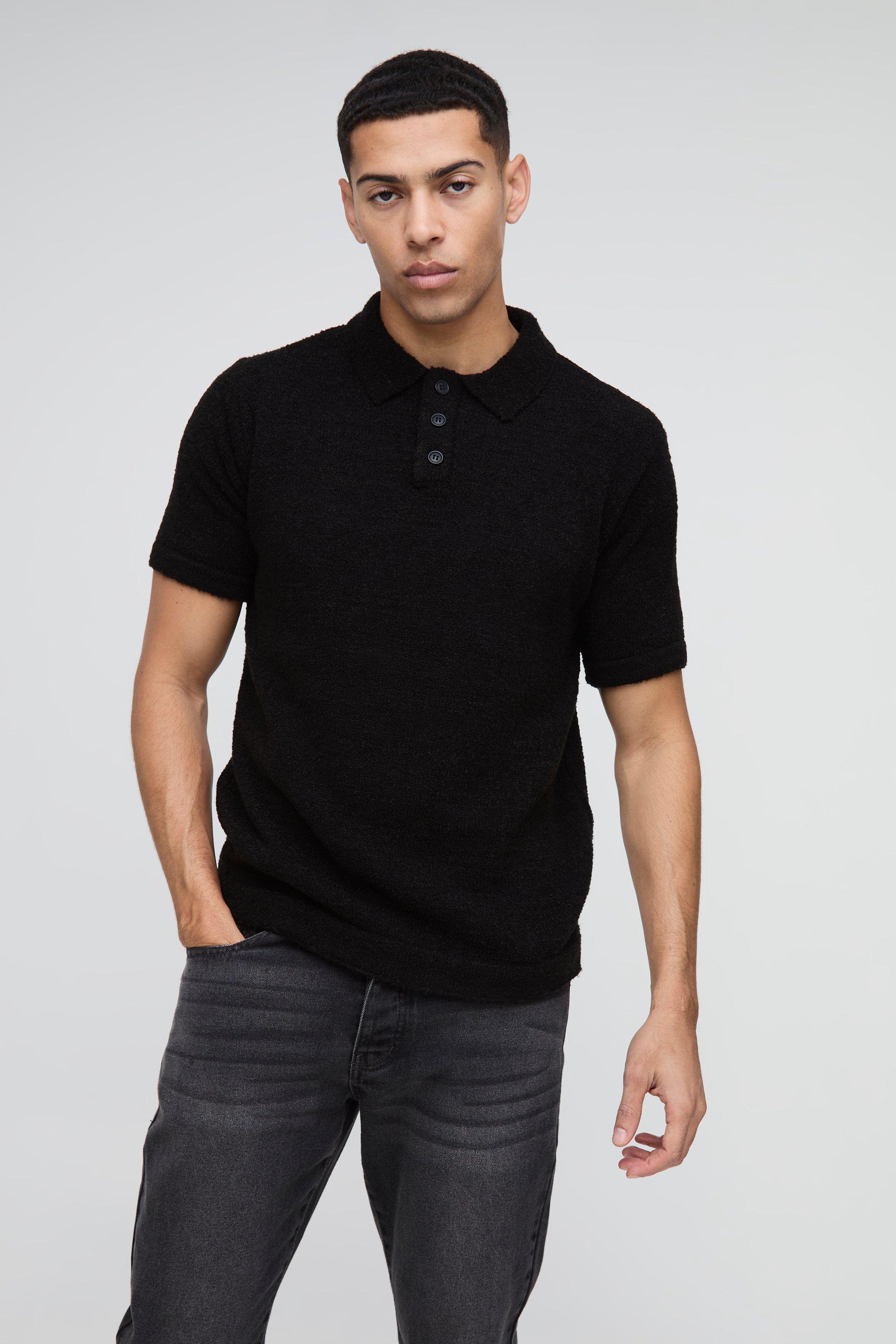Regular Fit Knitted Boucle Polo, Nero