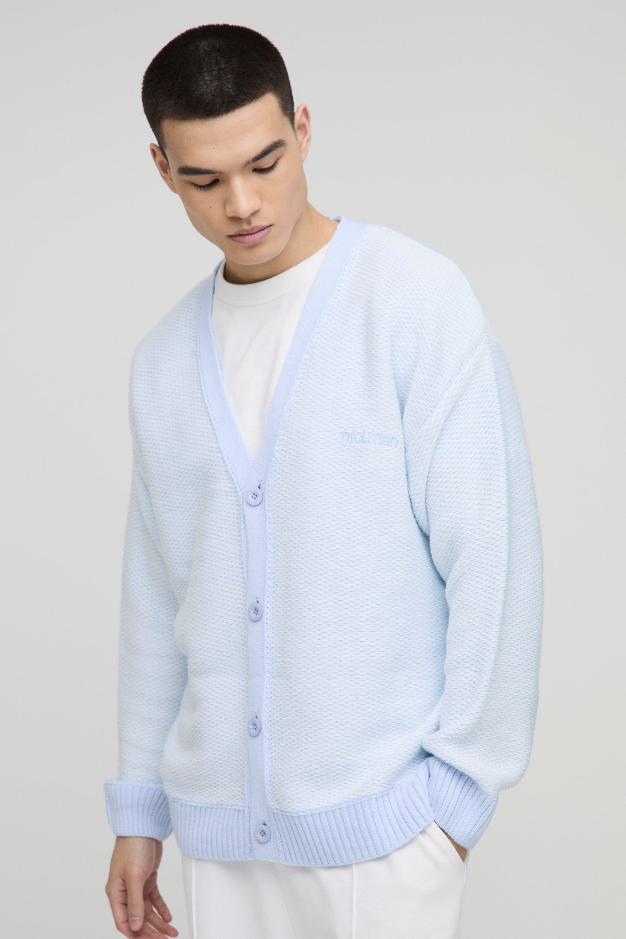 Boohoo Oversized Reverse Jacquard Knitted Cardigan, Light Blue