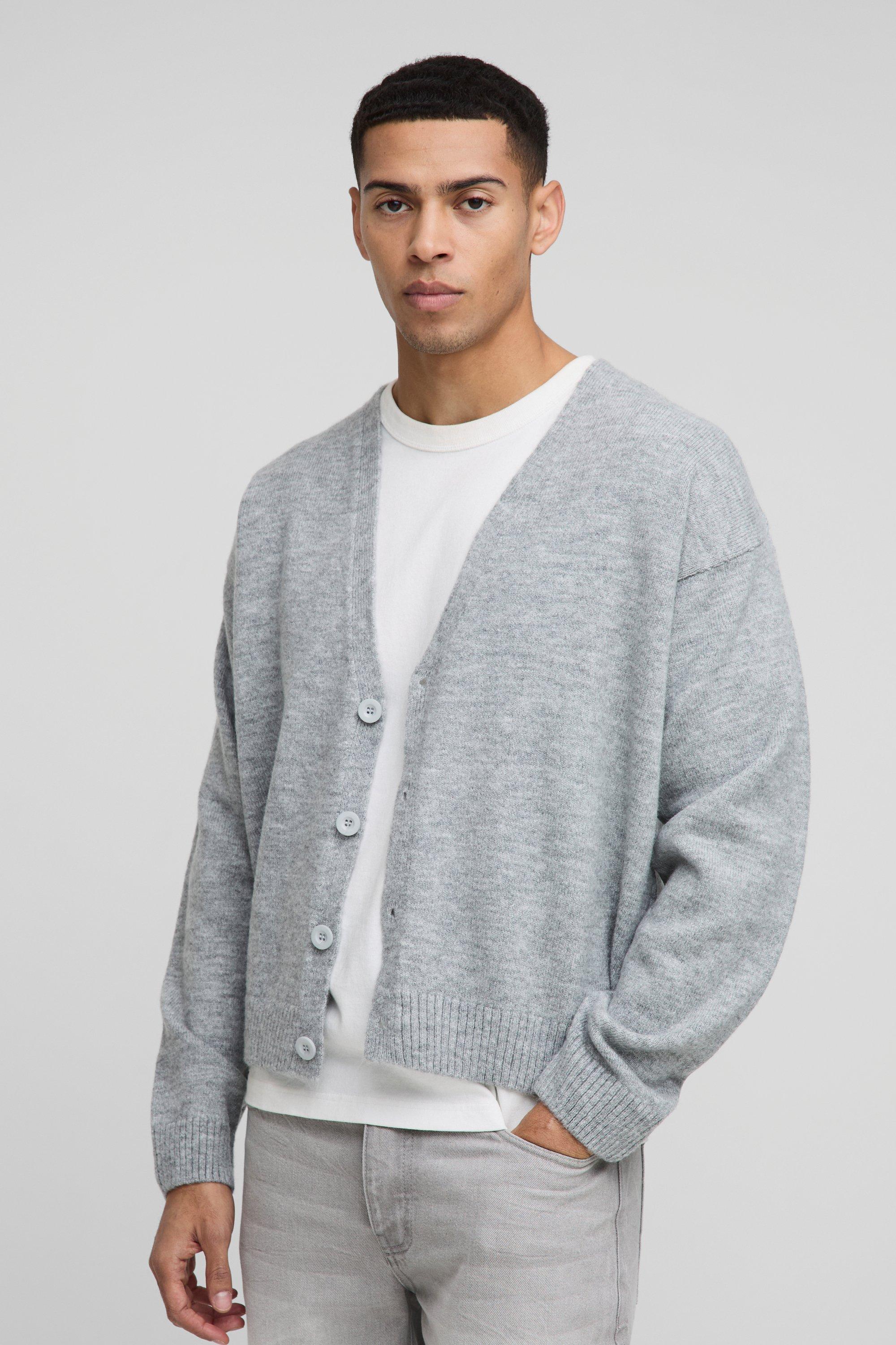 Mens Grey Oversized Boxy Drop Shoulder Marl Knitted Cardigan, Grey