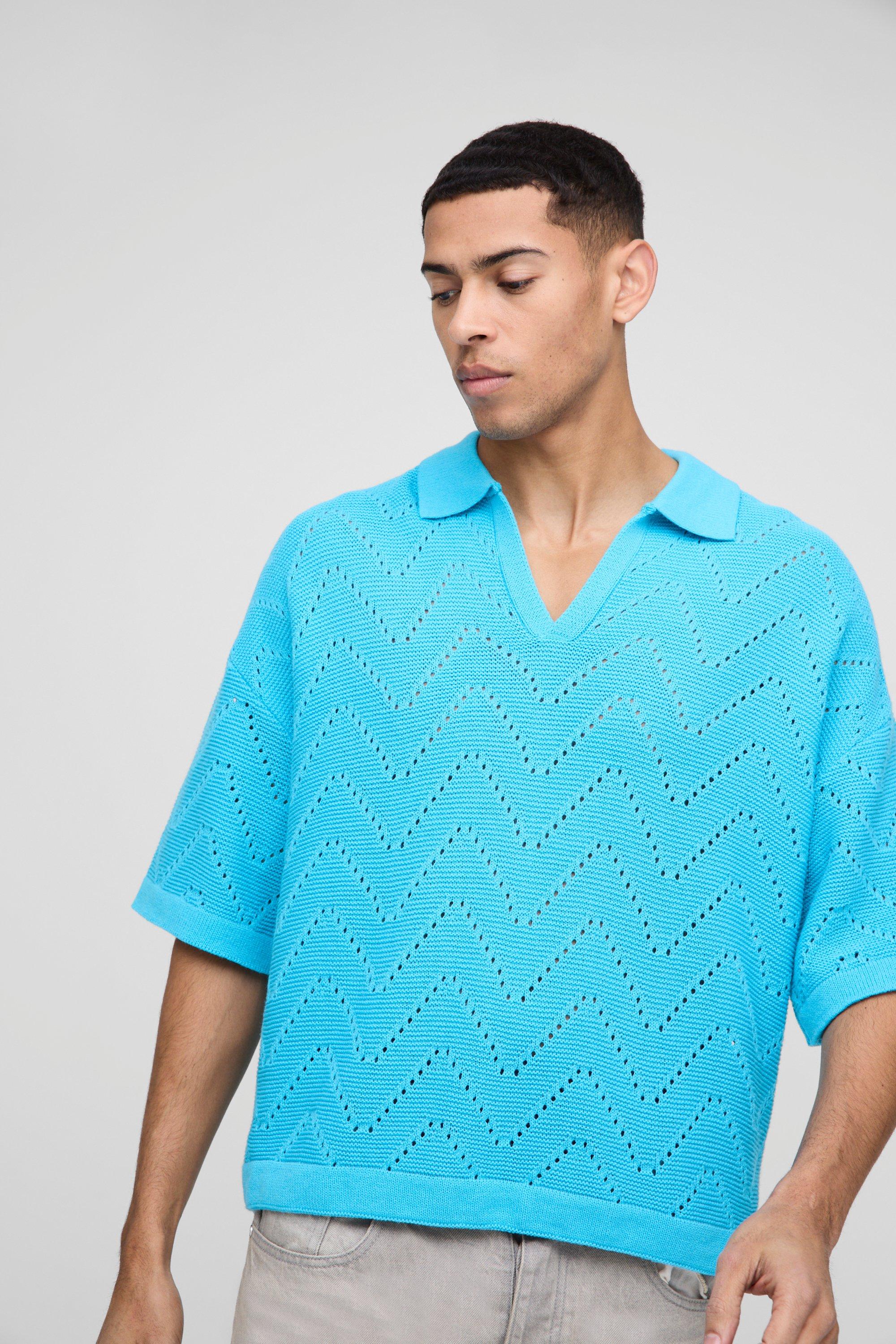 Polo squadrata oversize con cuciture geometriche, Azzurro