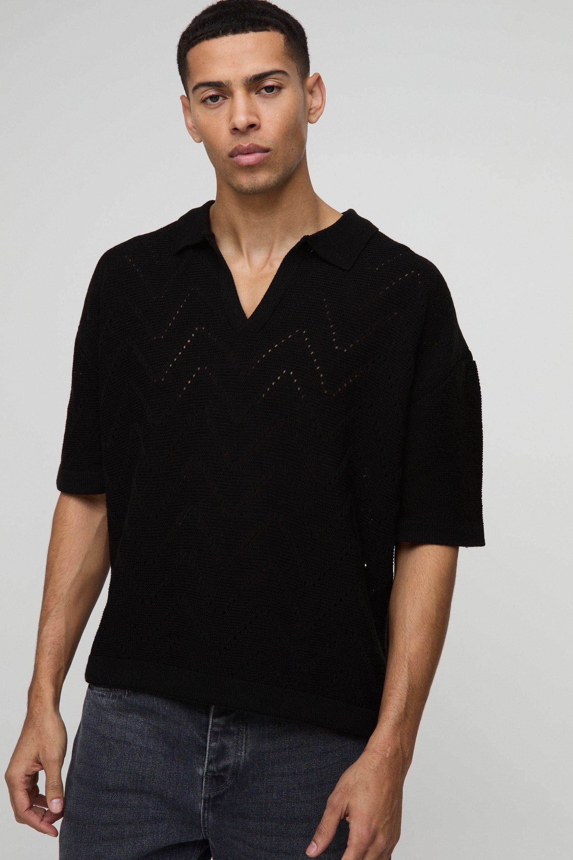 Polo squadrata oversize con cuciture geometriche, Nero