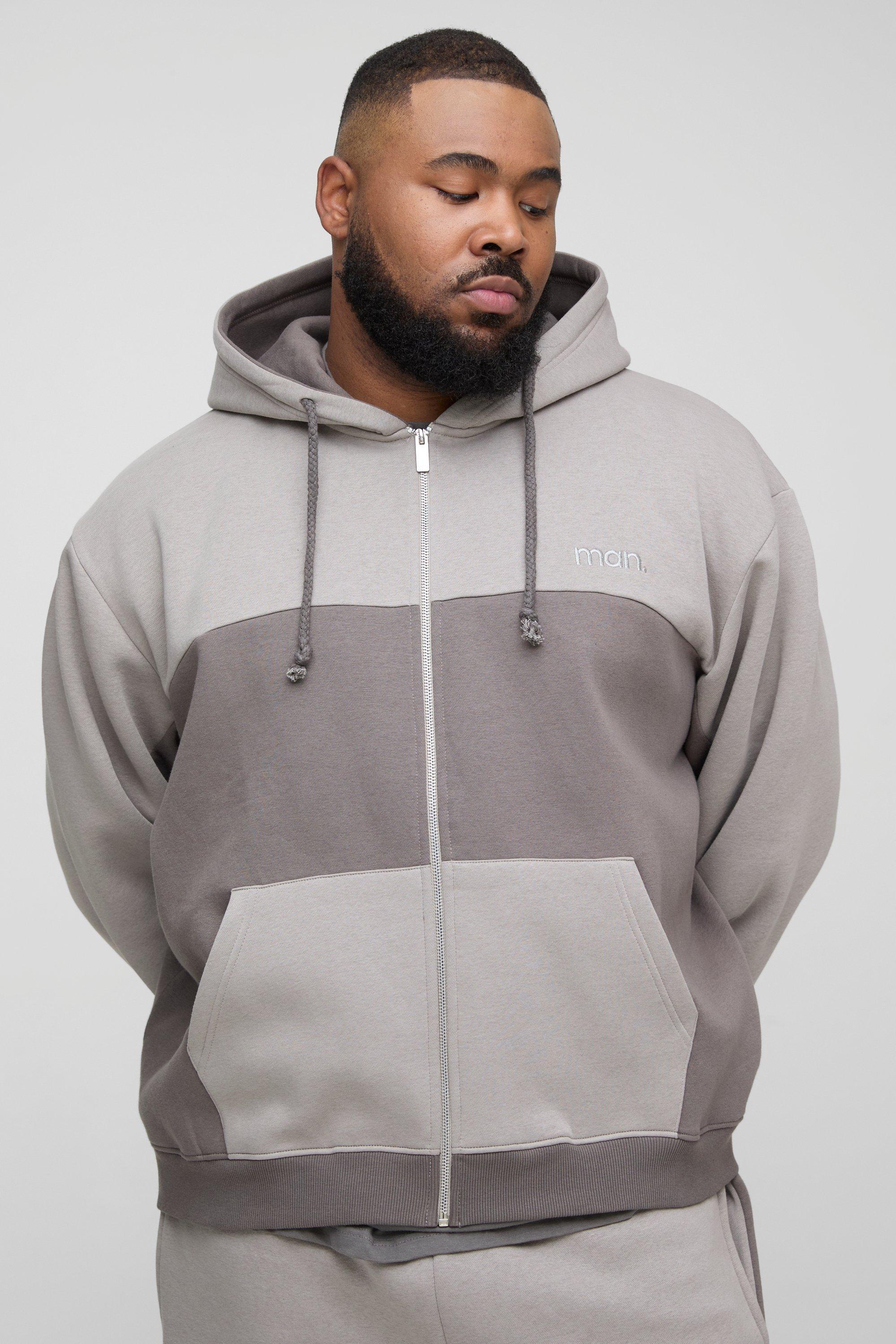 Felpa Plus Size squadrata oversize con pannelli, zip e cappuccio, Grigio