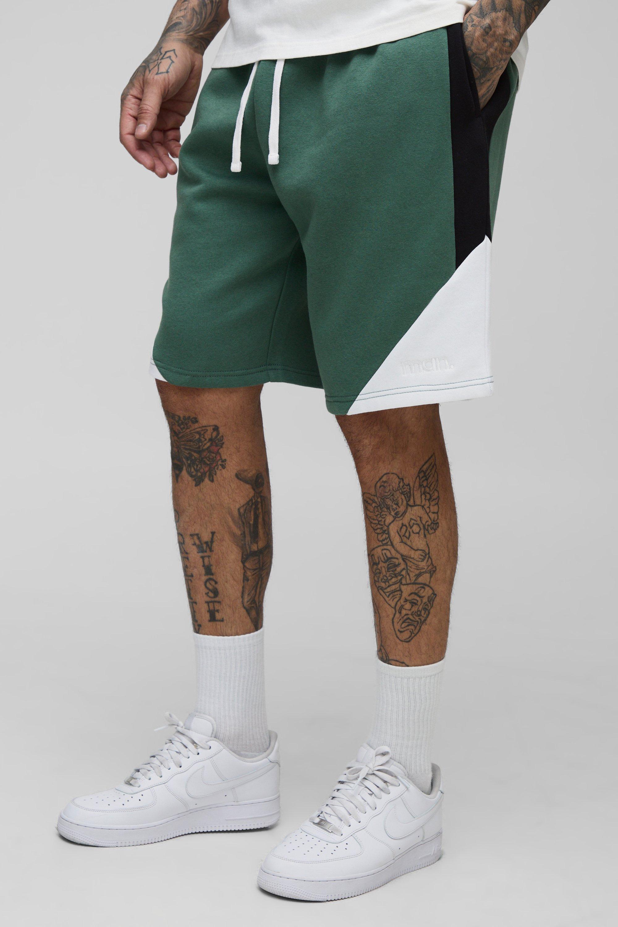 Mens Green Tall Man Colour Block Relaxed Jersey Shorts, Green