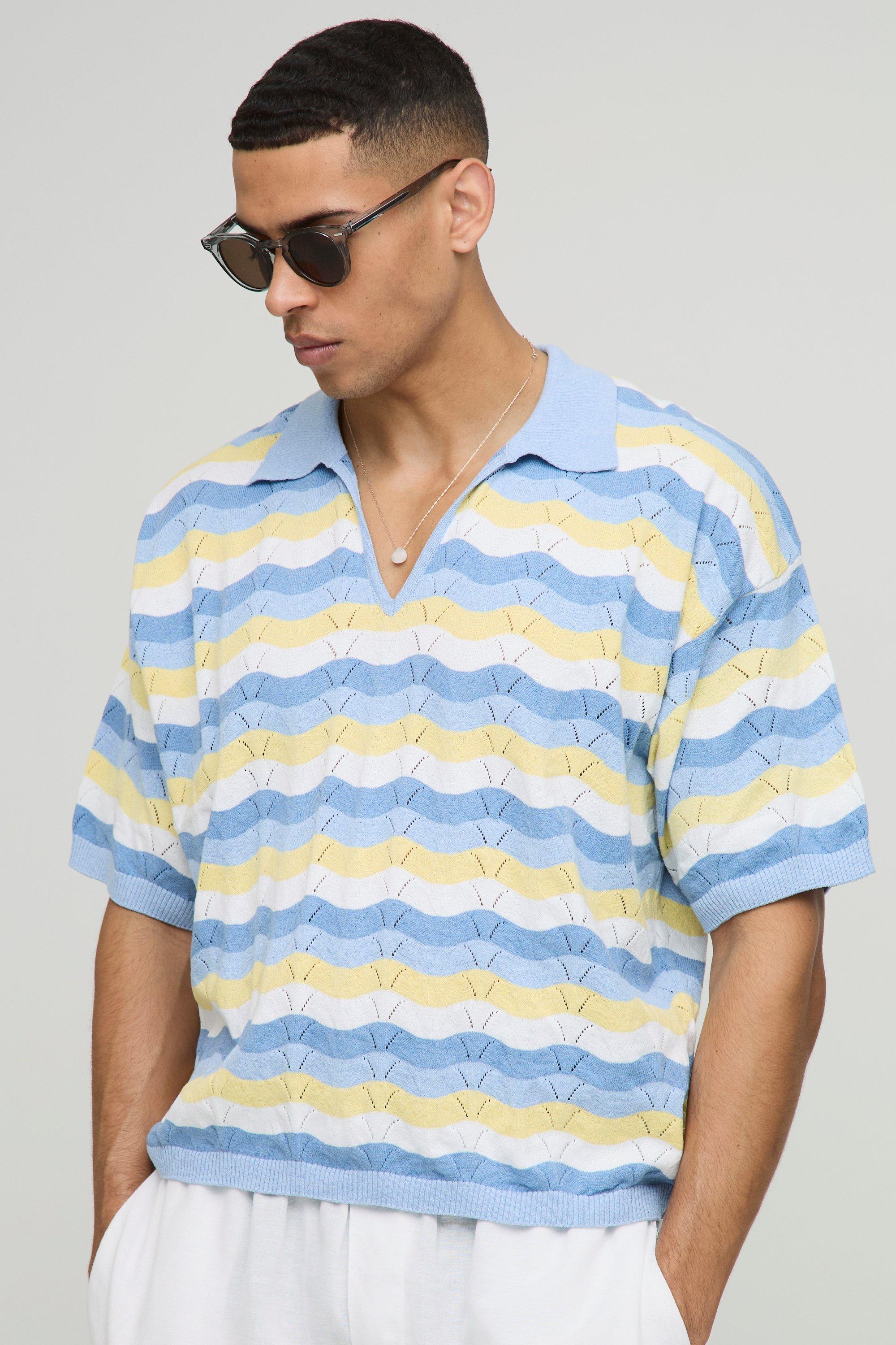 Polo squadrata oversize in maglia effetto uncinetto a righe, Azzurro