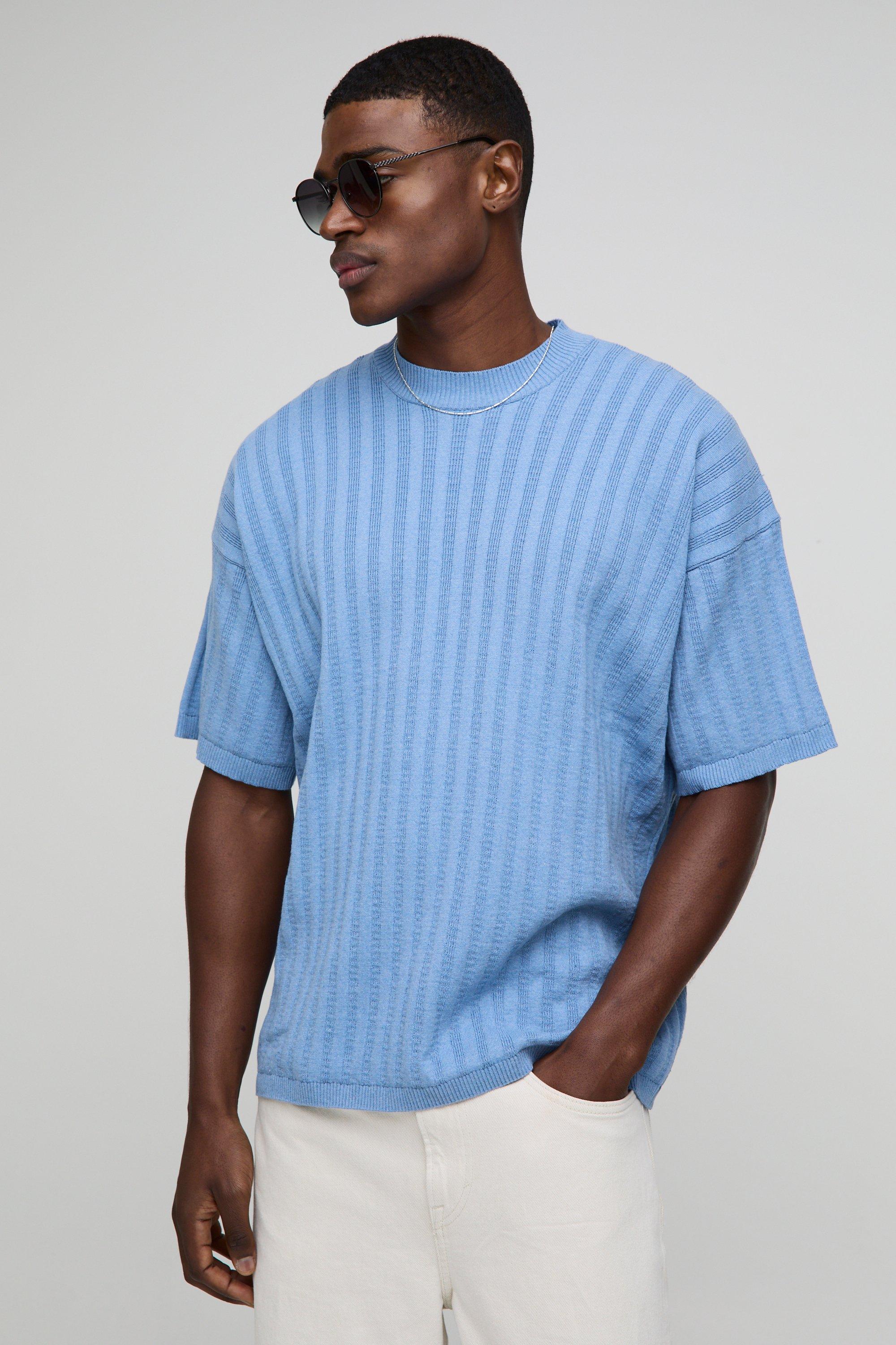 T-shirt oversize a coste con girocollo esteso, Azzurro