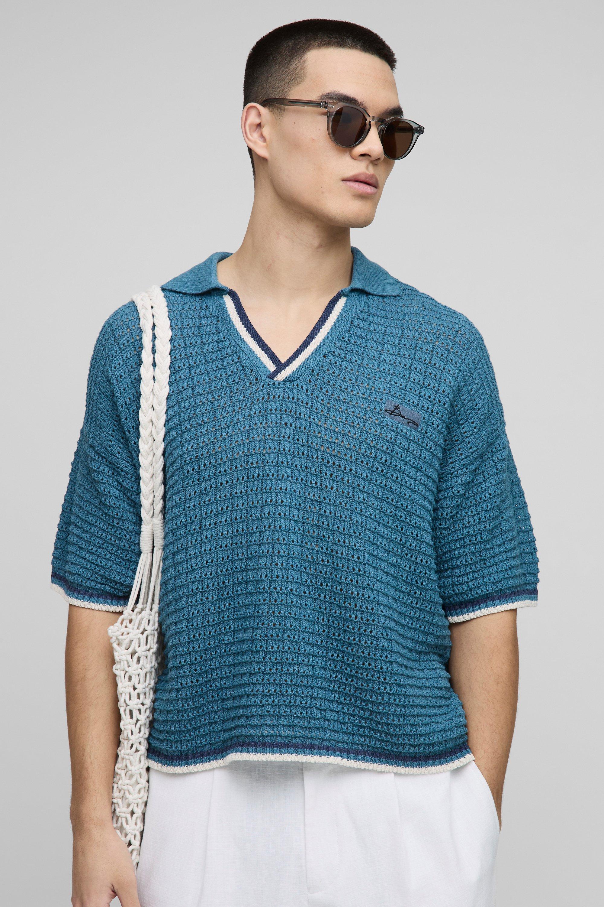 Polo squadrata oversize in maglia traforata a righe rifinita, Azzurro