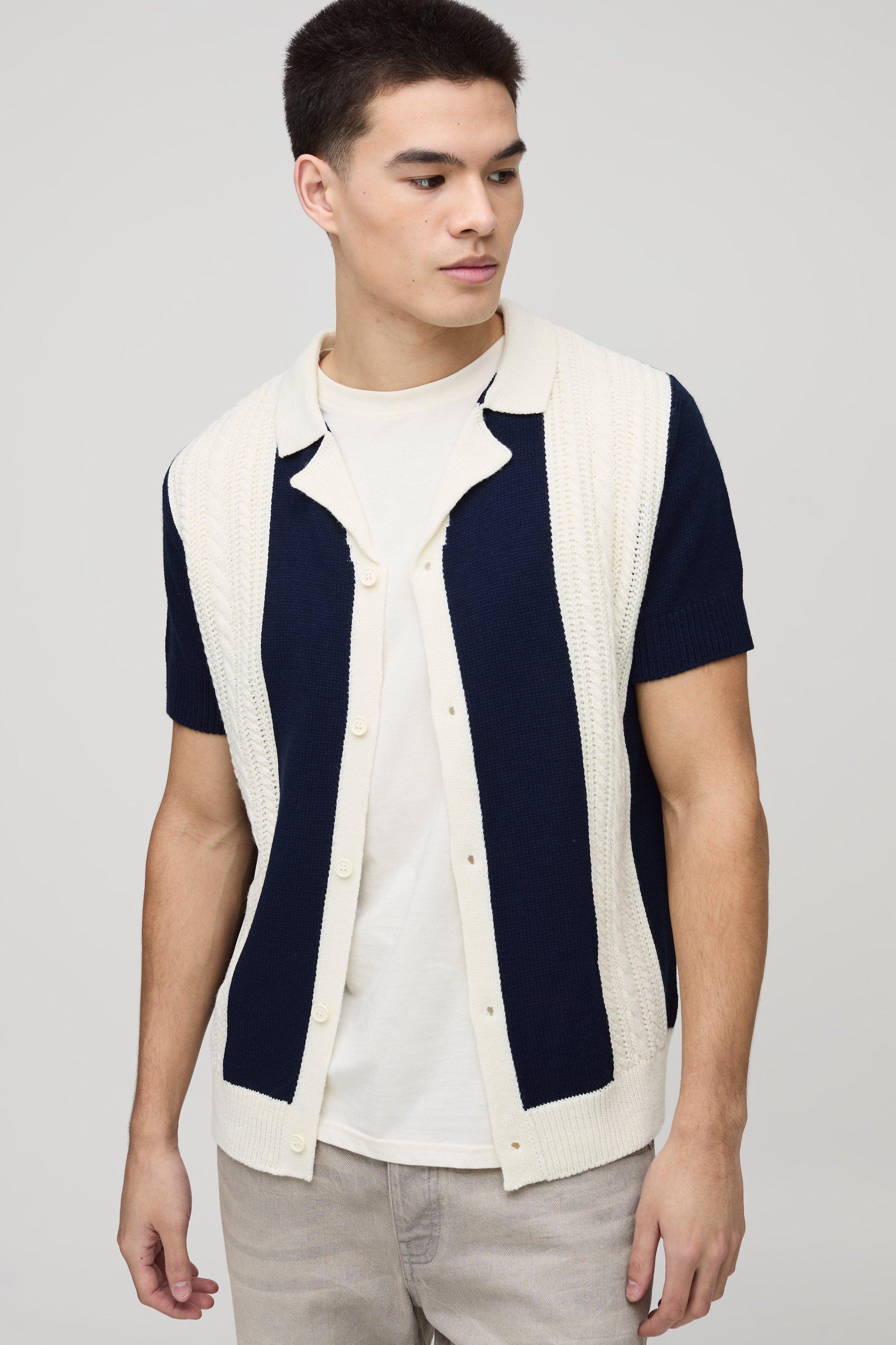 Camicia oversize in maglia a righe traforate con pannelli, Navy