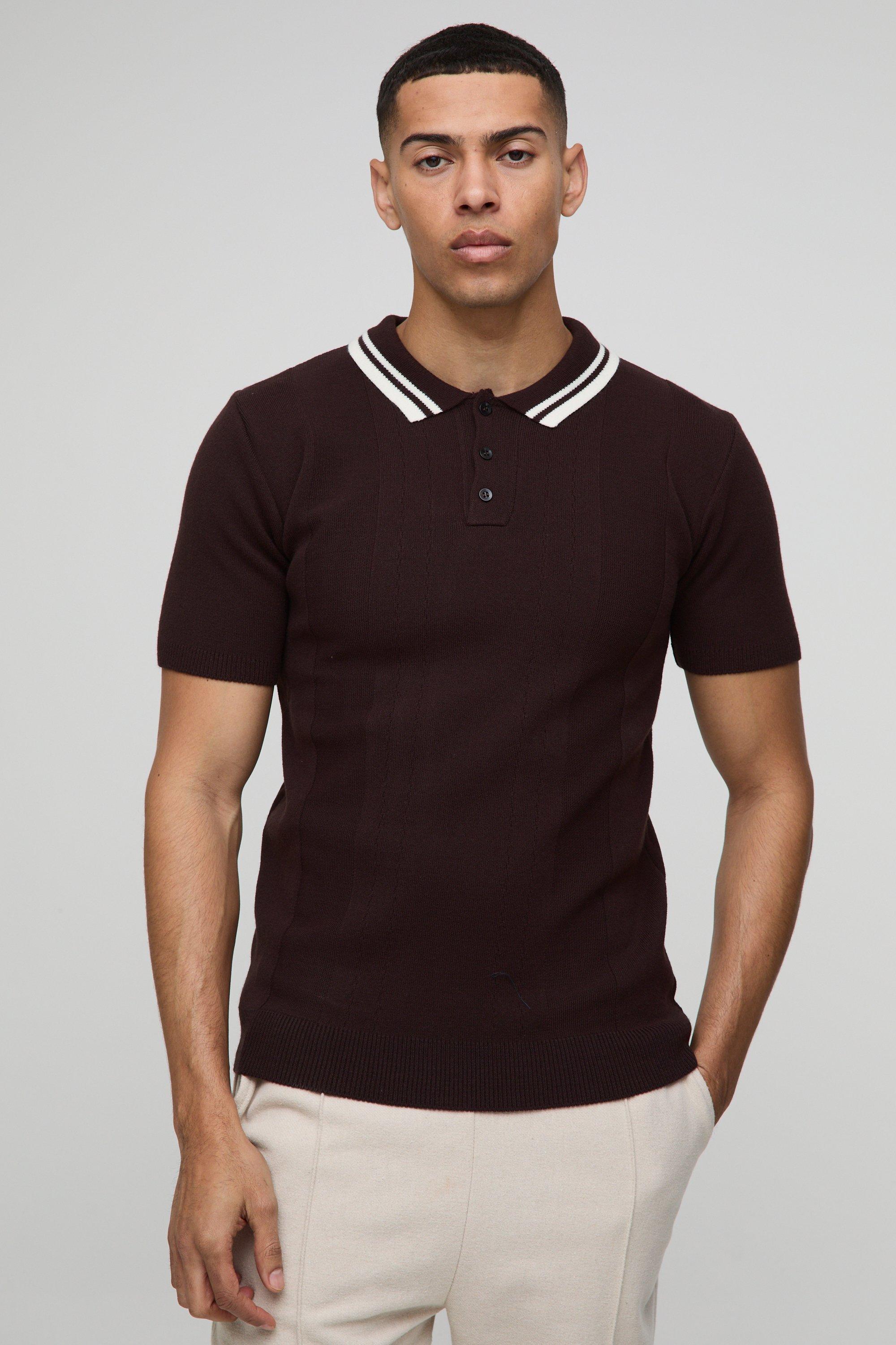 Muscle Fit Textured Tonal Vertical Stripe Button Neck Knitted Polo
