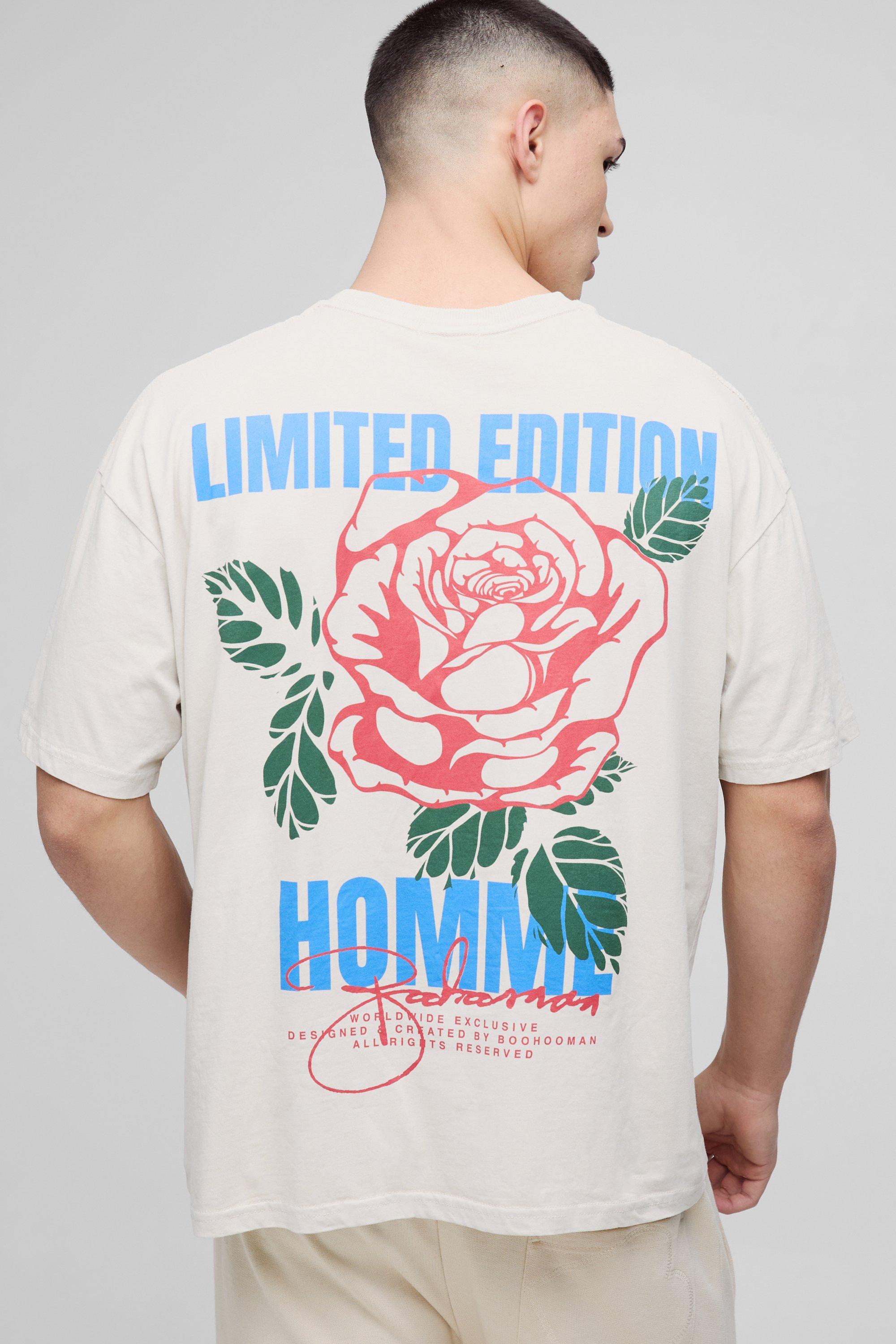 Oversized Limited Edition Floral Graphic Washed T-Shirt, Beige