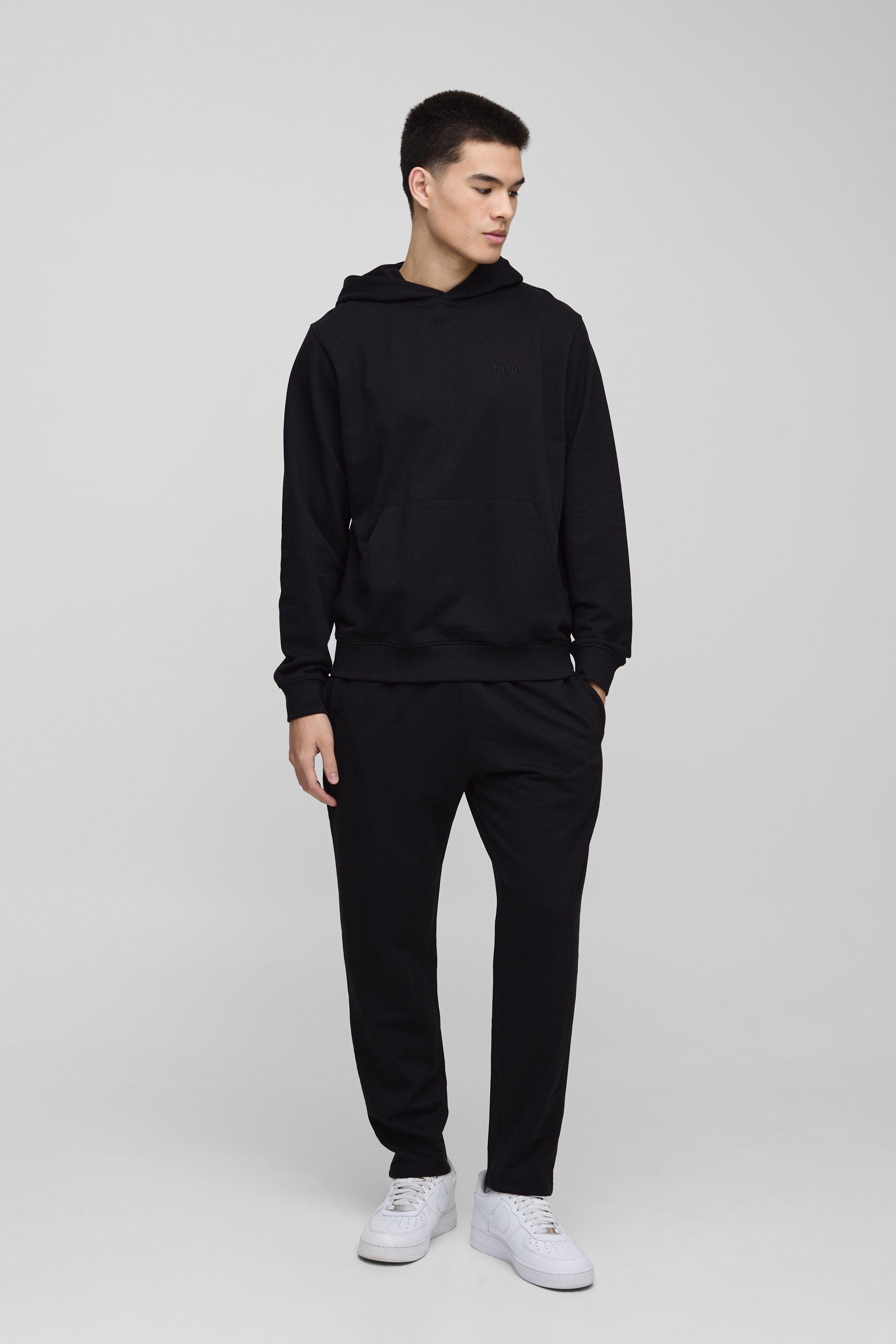 Mens Black Regular Fit MAN. Basic Lightweight Over The Head Hoodie and Relaxed Tapered Jogger Set, Black