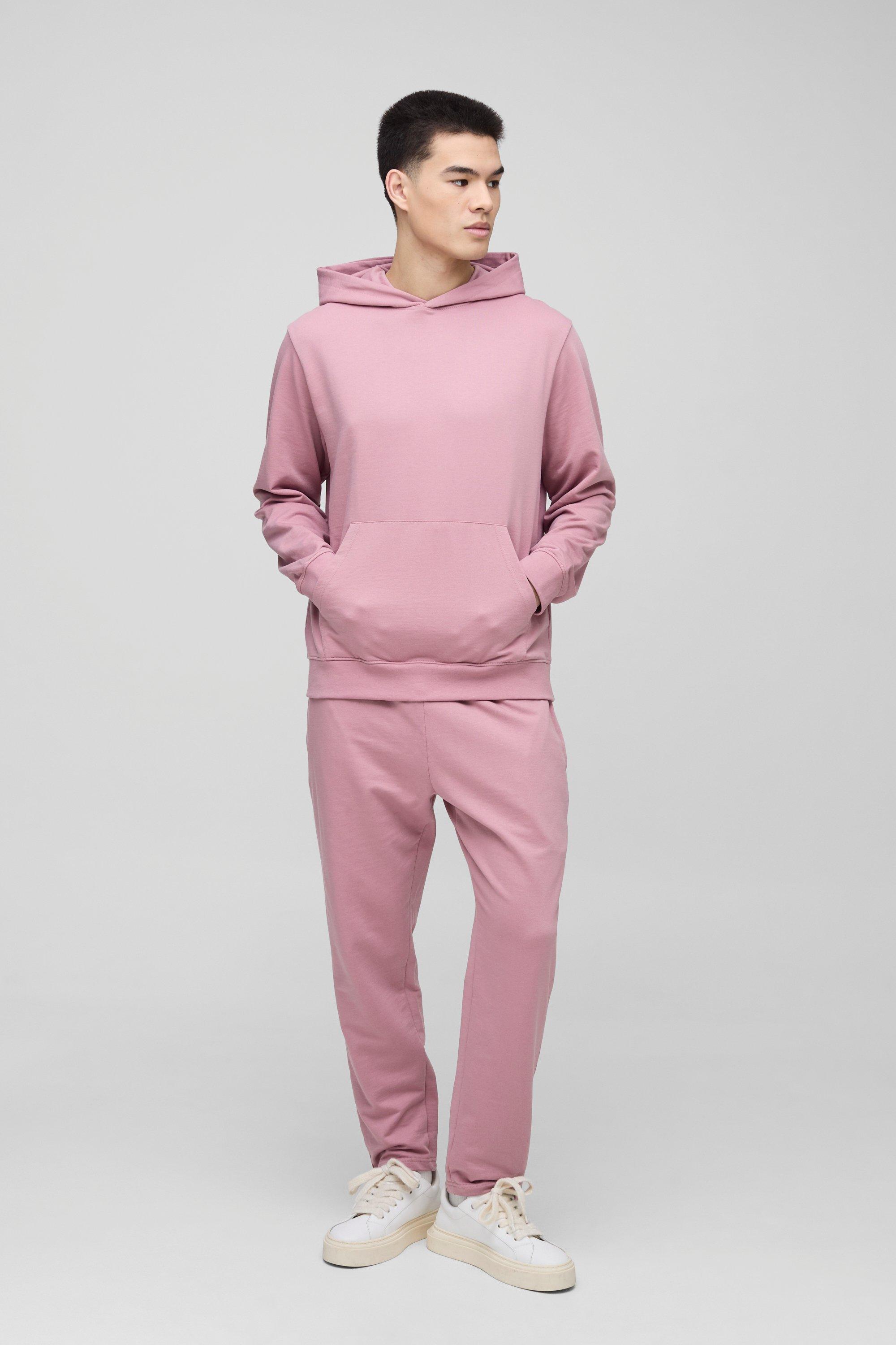 Mens Pink Regular Fit Basic Lightweight Over The Head Hoodie and Relaxed Tapered Jogger Set, Pink