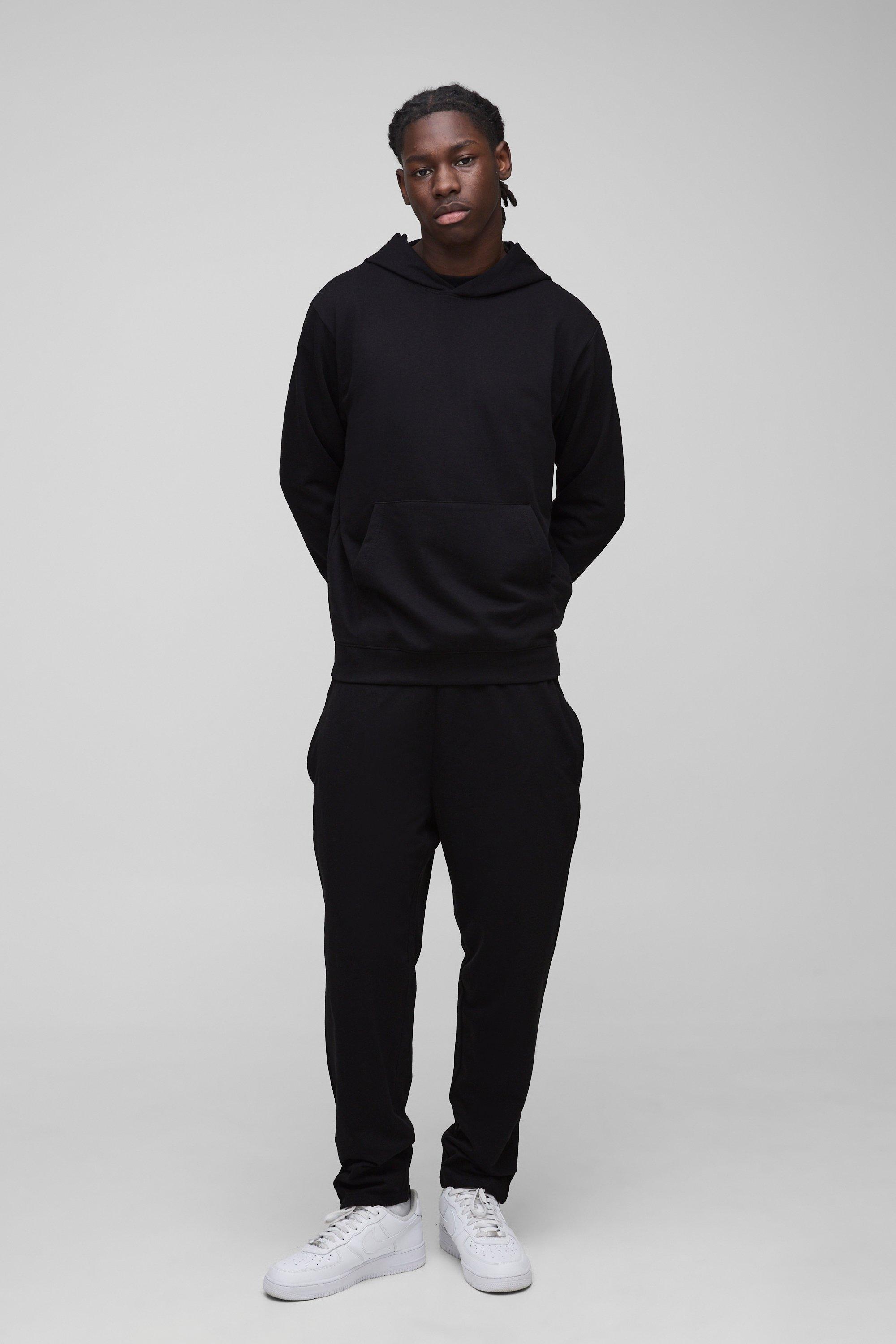 Set felpa Basic leggera con cappuccio ampio e pantaloni tuta affusolati rilassati, Nero