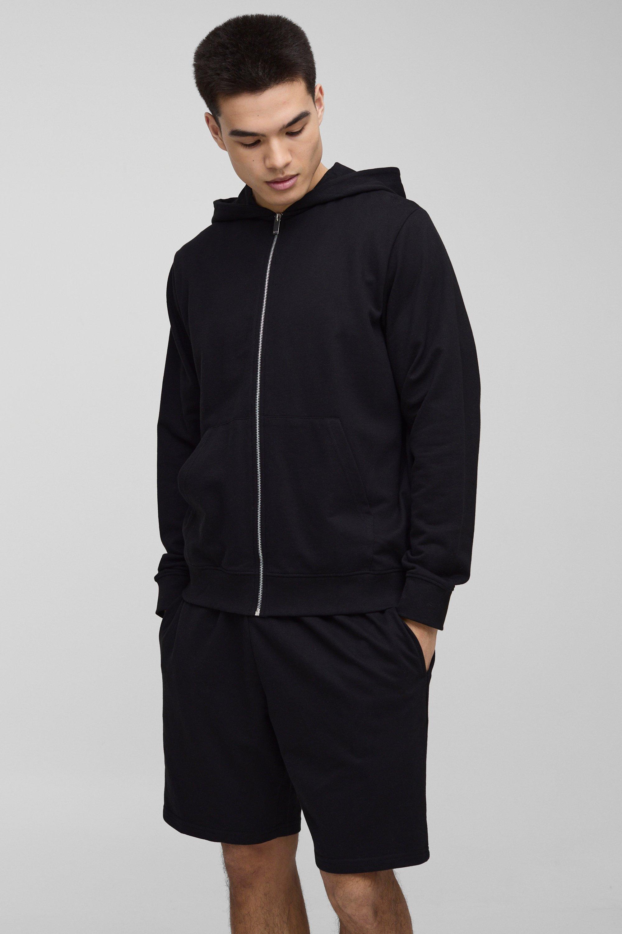 Mens Black Lightweight Basic Regular Fit Zip Through Hoodie and Relaxed Fit Short Set, Black