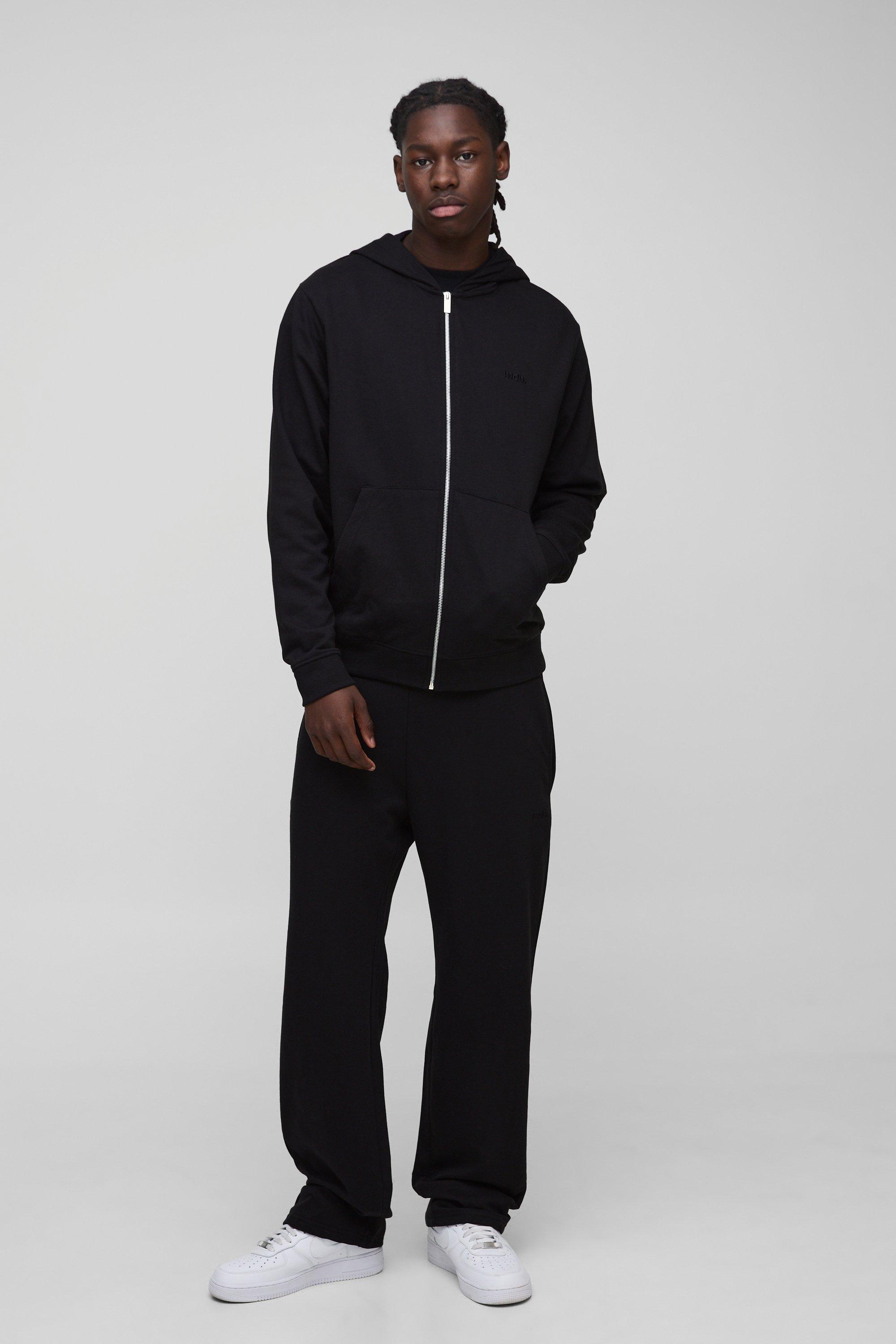 UOMO. Set felpa Basic leggera con zip e cappuccio & pantaloni tuta dritti, Nero