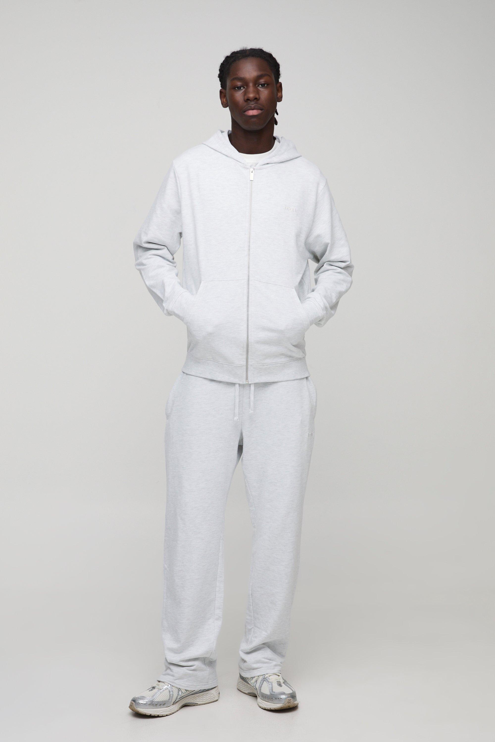 UOMO. Set felpa Basic leggera con zip e cappuccio & pantaloni tuta dritti, Grigio