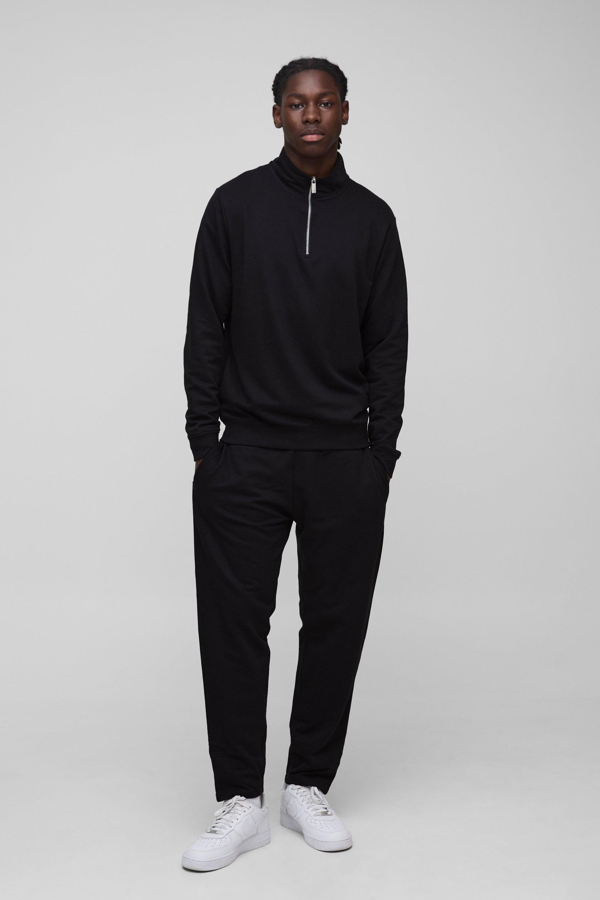 Set felpa leggera Basic con zip corta & pantaloni tuta affusolati rilassati, Nero