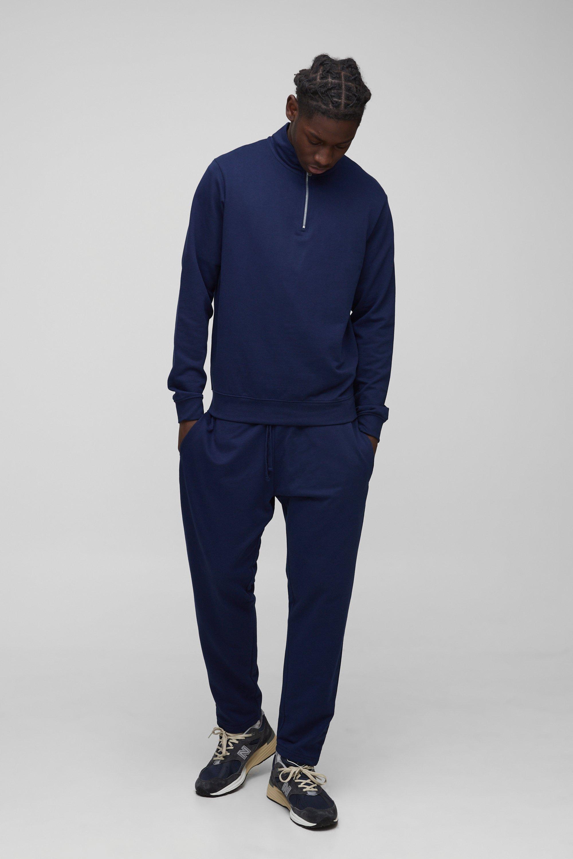 Set felpa leggera Basic con zip corta & pantaloni tuta affusolati rilassati, Navy