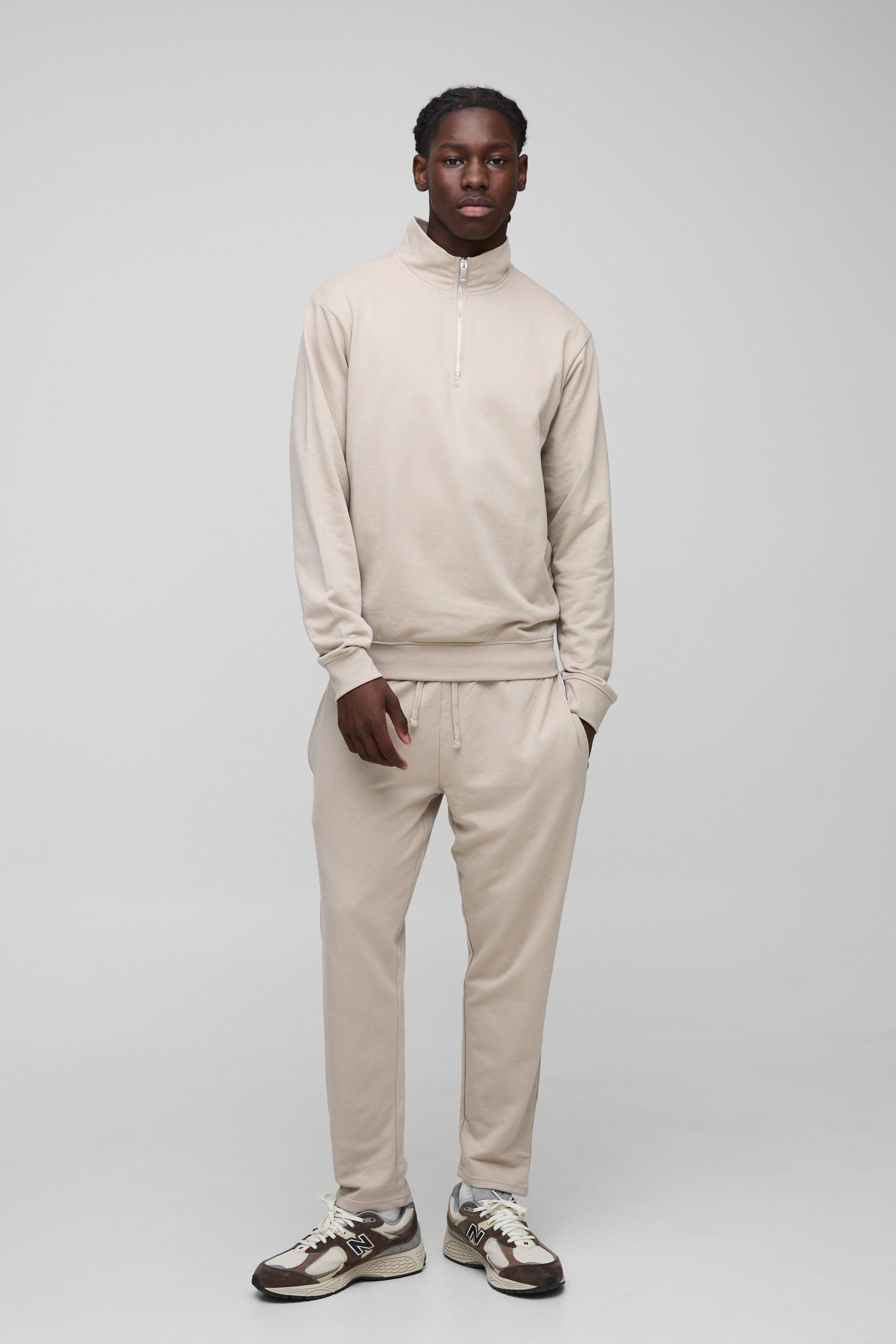 Set felpa leggera Basic con zip corta & pantaloni tuta affusolati rilassati, Beige