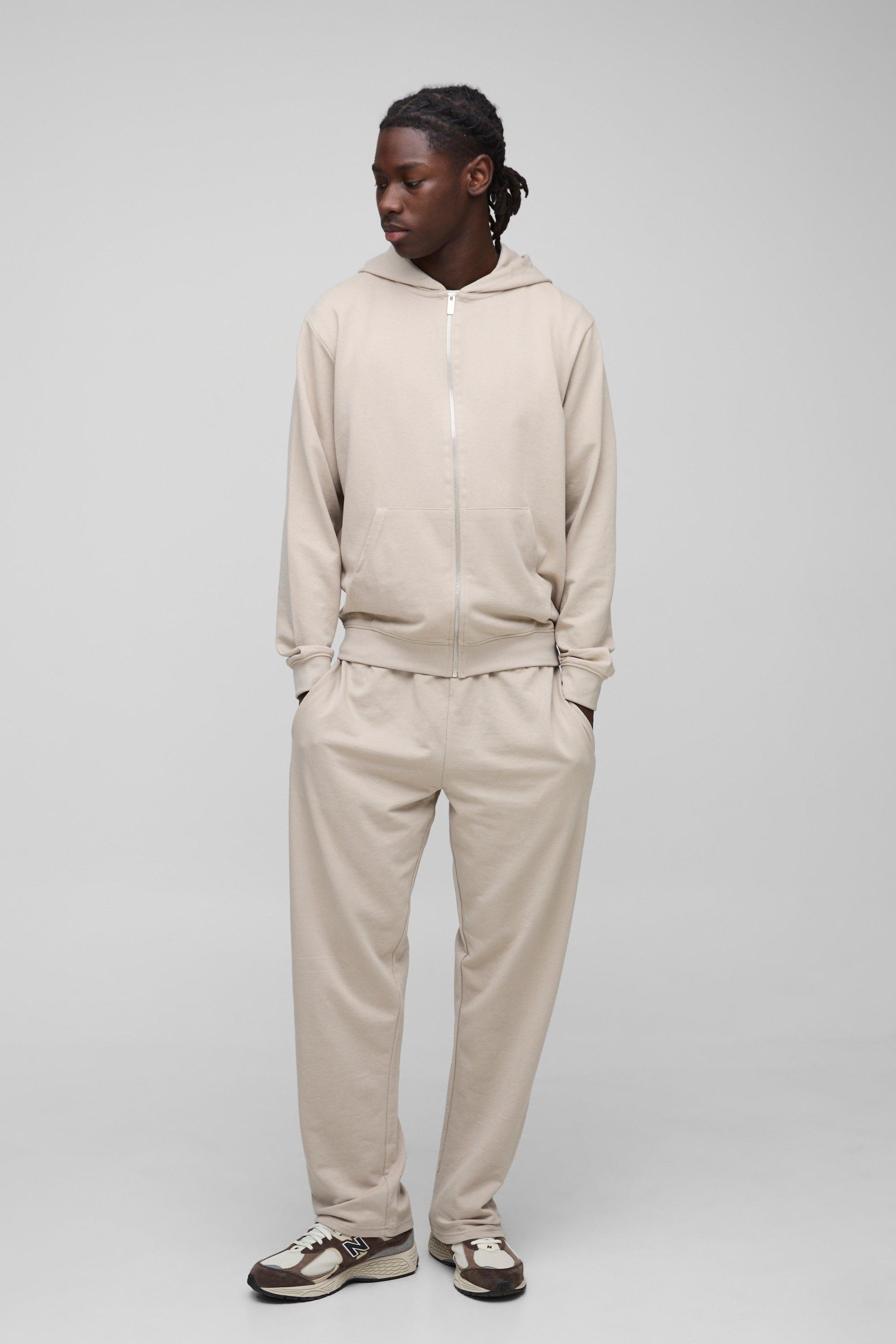 Set felpa Basic leggera con zip e cappuccio & pantaloni tuta dritti, Beige