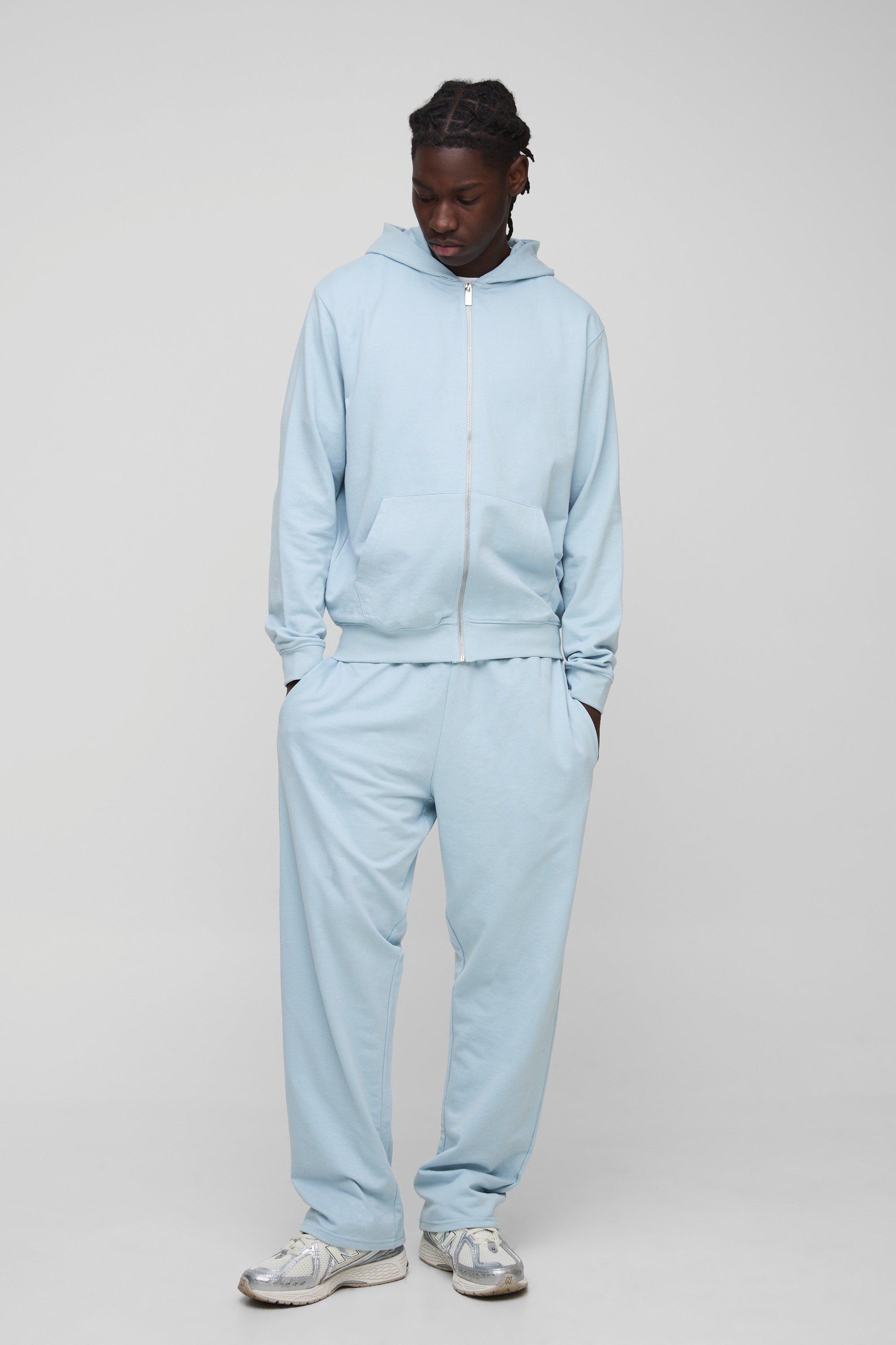 Set felpa Basic leggera con zip e cappuccio & pantaloni tuta dritti, Azzurro