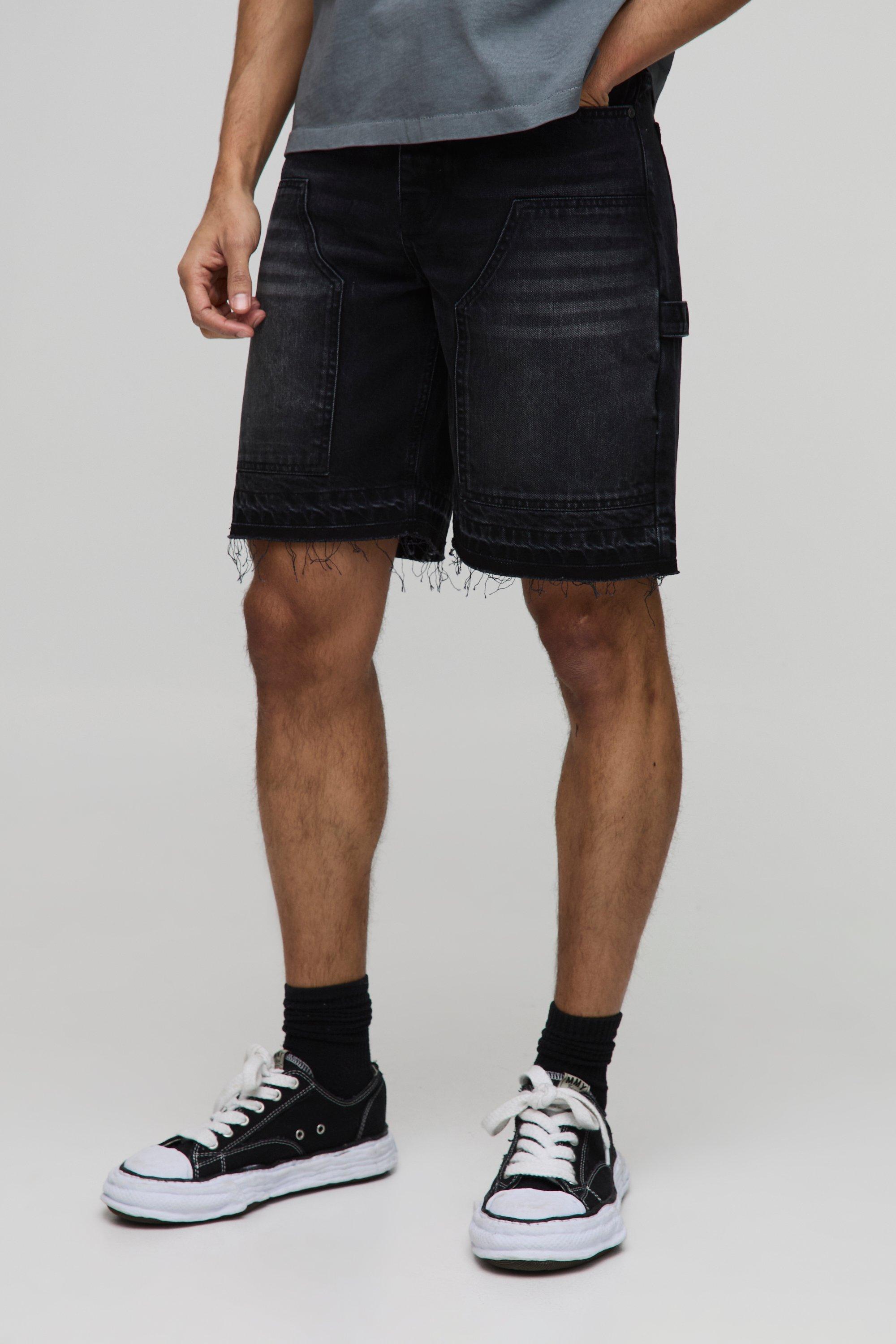 Image of Pantaloncini rilassati in denim nero slavato stile Carpenter, Nero