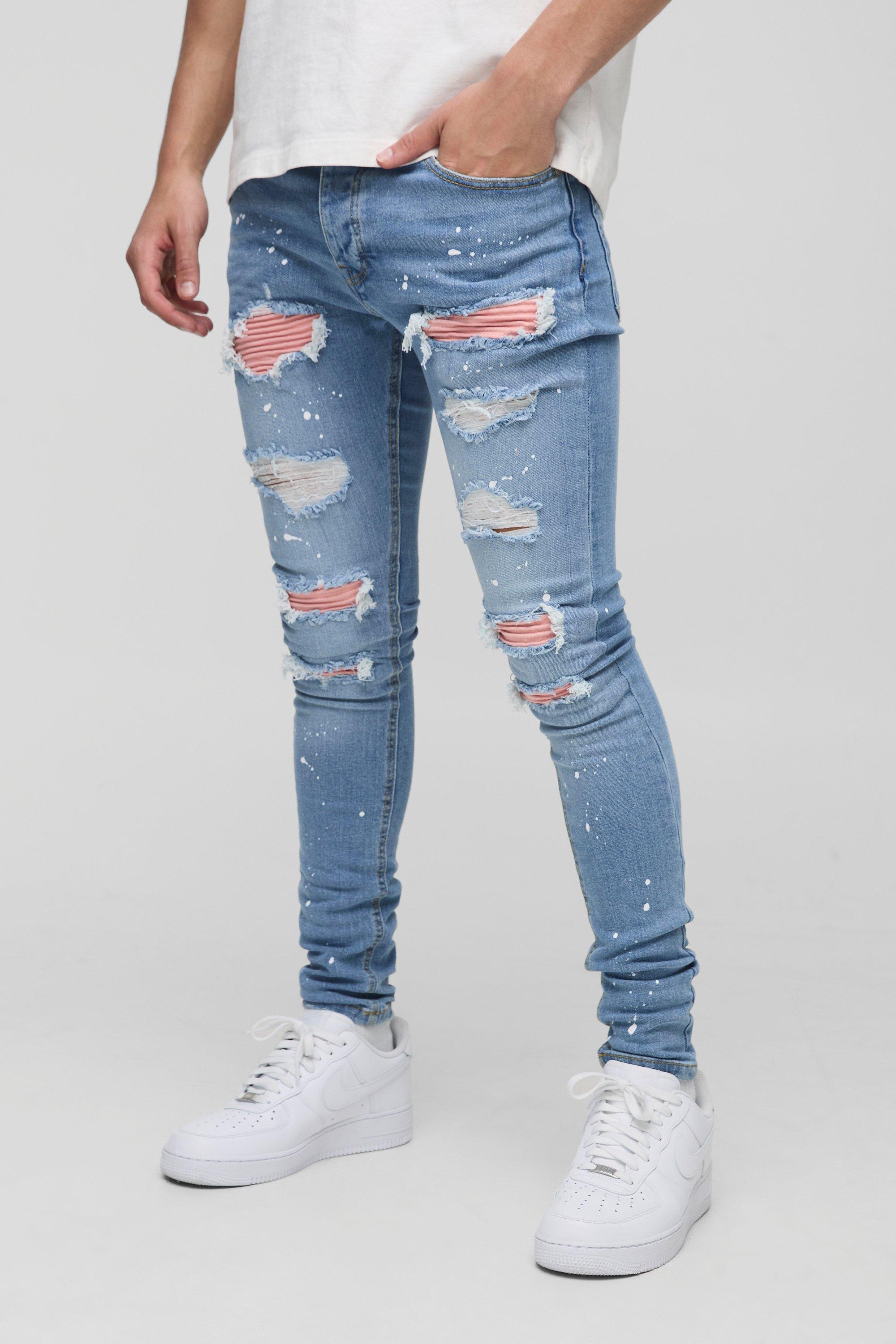 Mens Blue Super Skinny Stretch Biker Rip & Repair Paint Splat Jeans, Blue