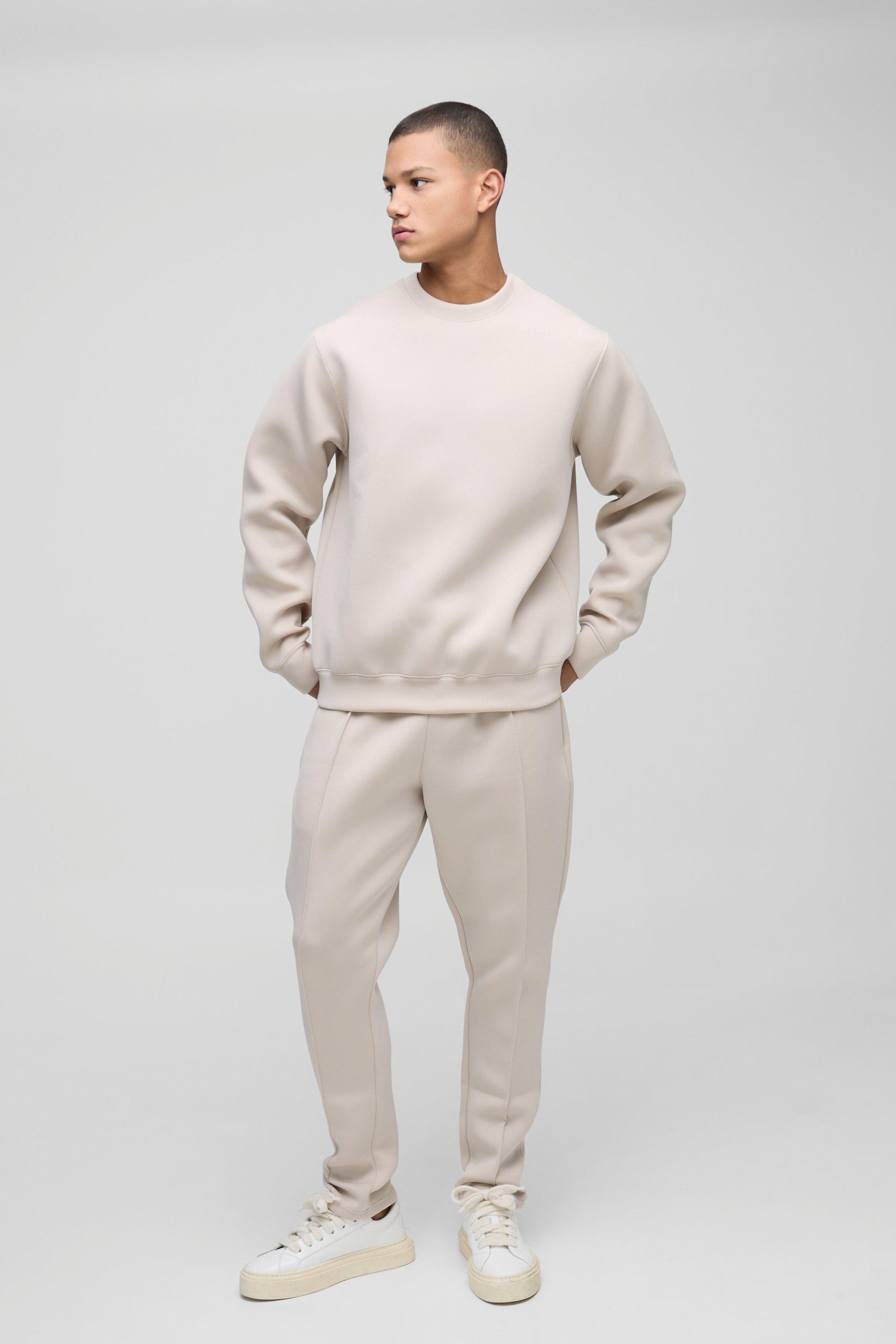 Mens Beige Regular Fit Bonded Scuba Sweatshirt Tracksuit, Beige