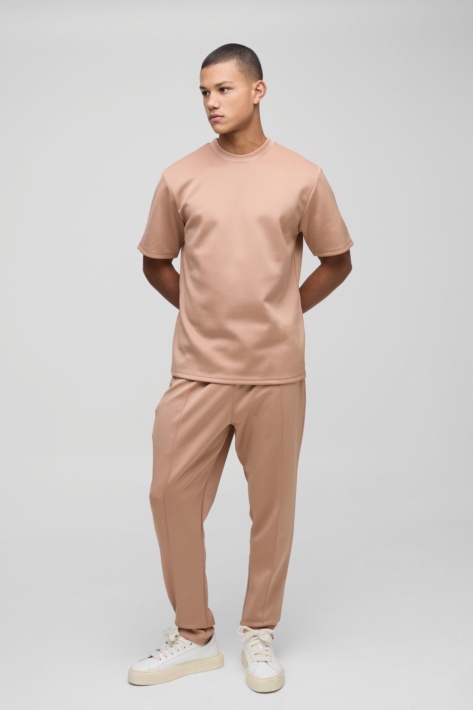 Set T-shirt in Scuba & pantaloni tuta lunghi, Beige