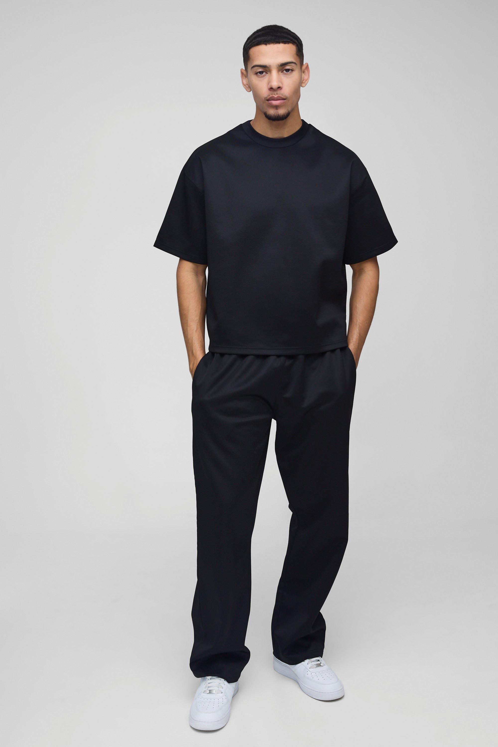 Set T-shirt squadrata oversize in Scuba & pantaloni tuta lunghi, Nero