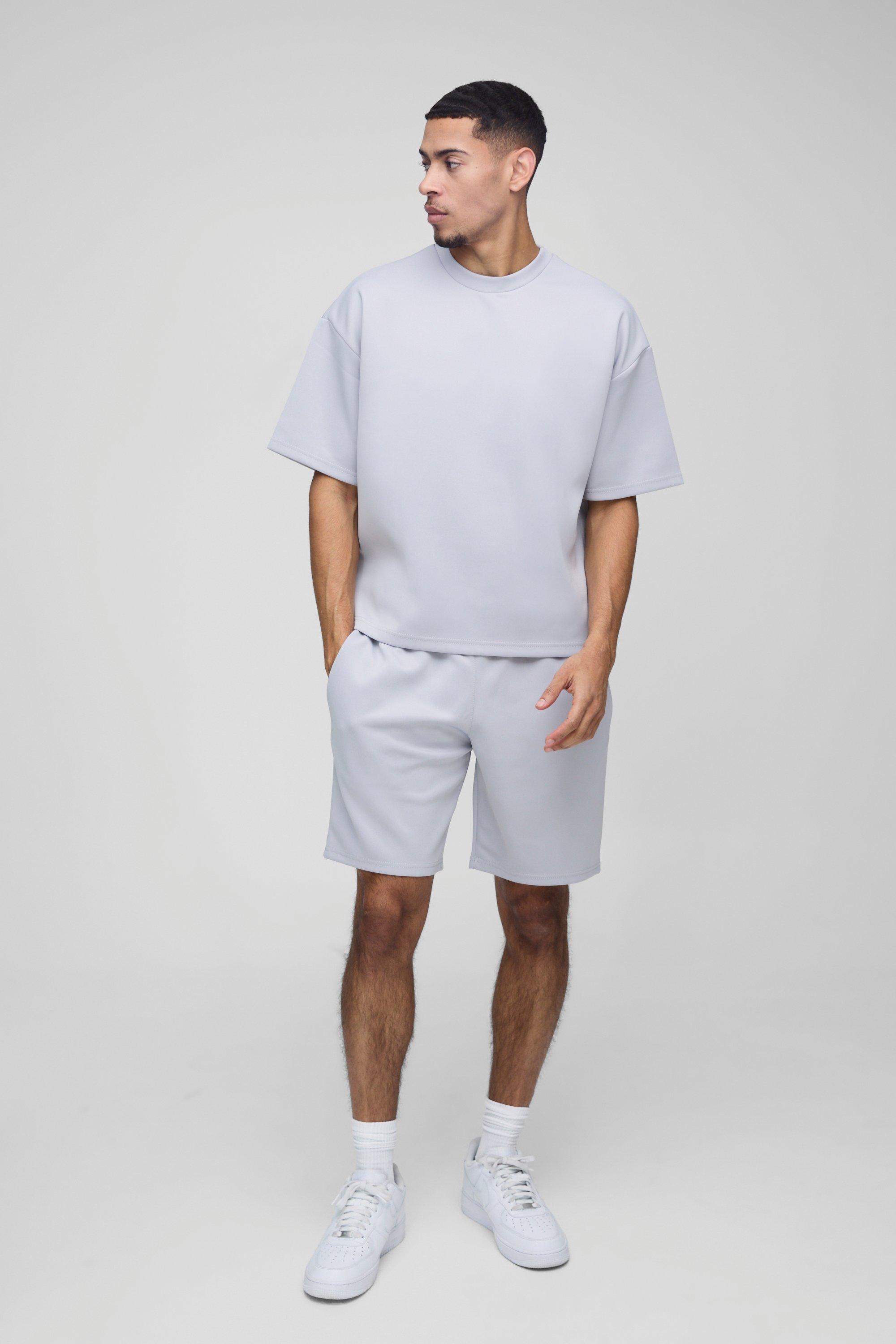 Mens Grey Oversized Boxy Scuba T-Shirt & Short Set, Grey
