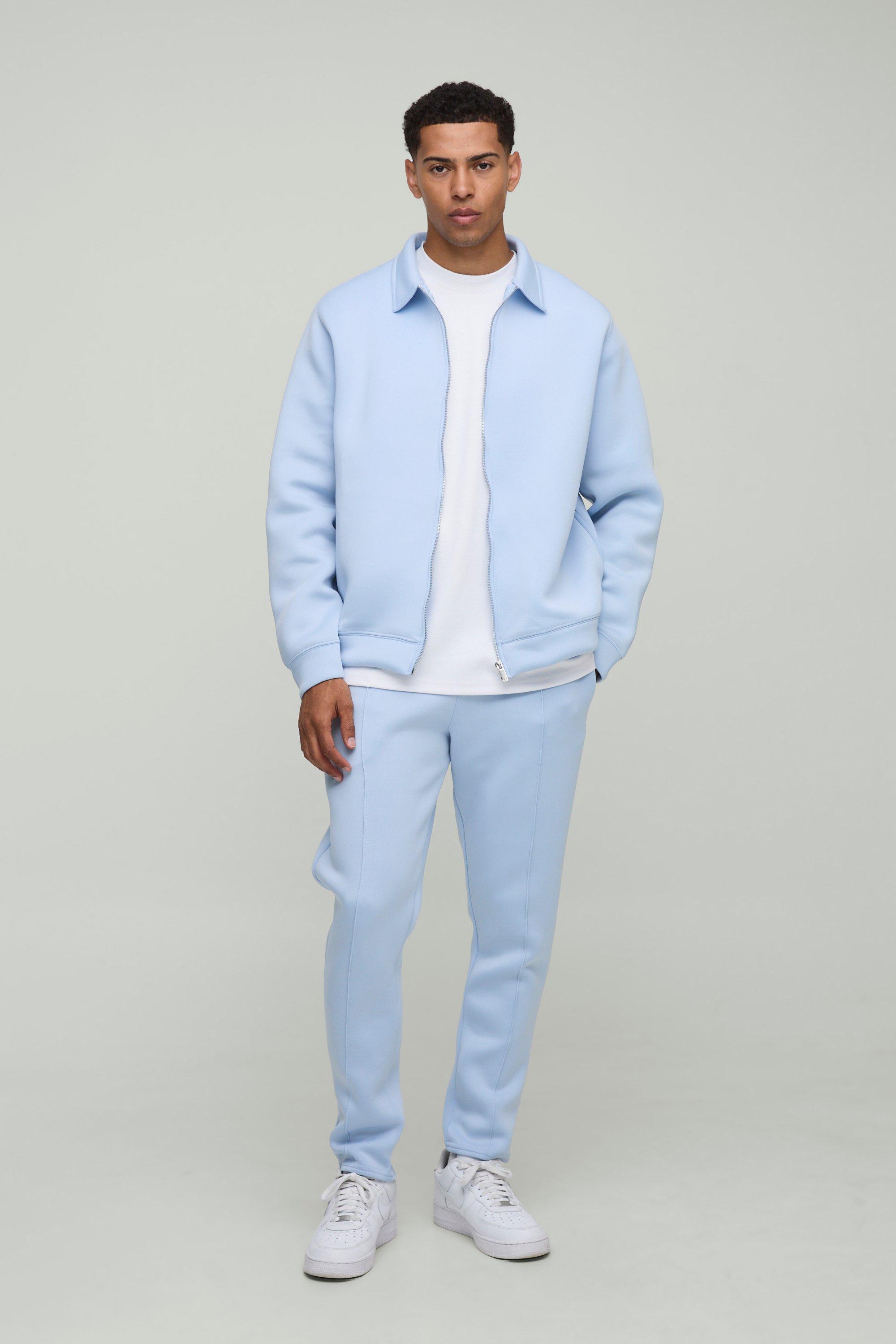 Mens Blue Regular Fit Bonded Scuba Harrington Jacket & Jogger Set, Blue