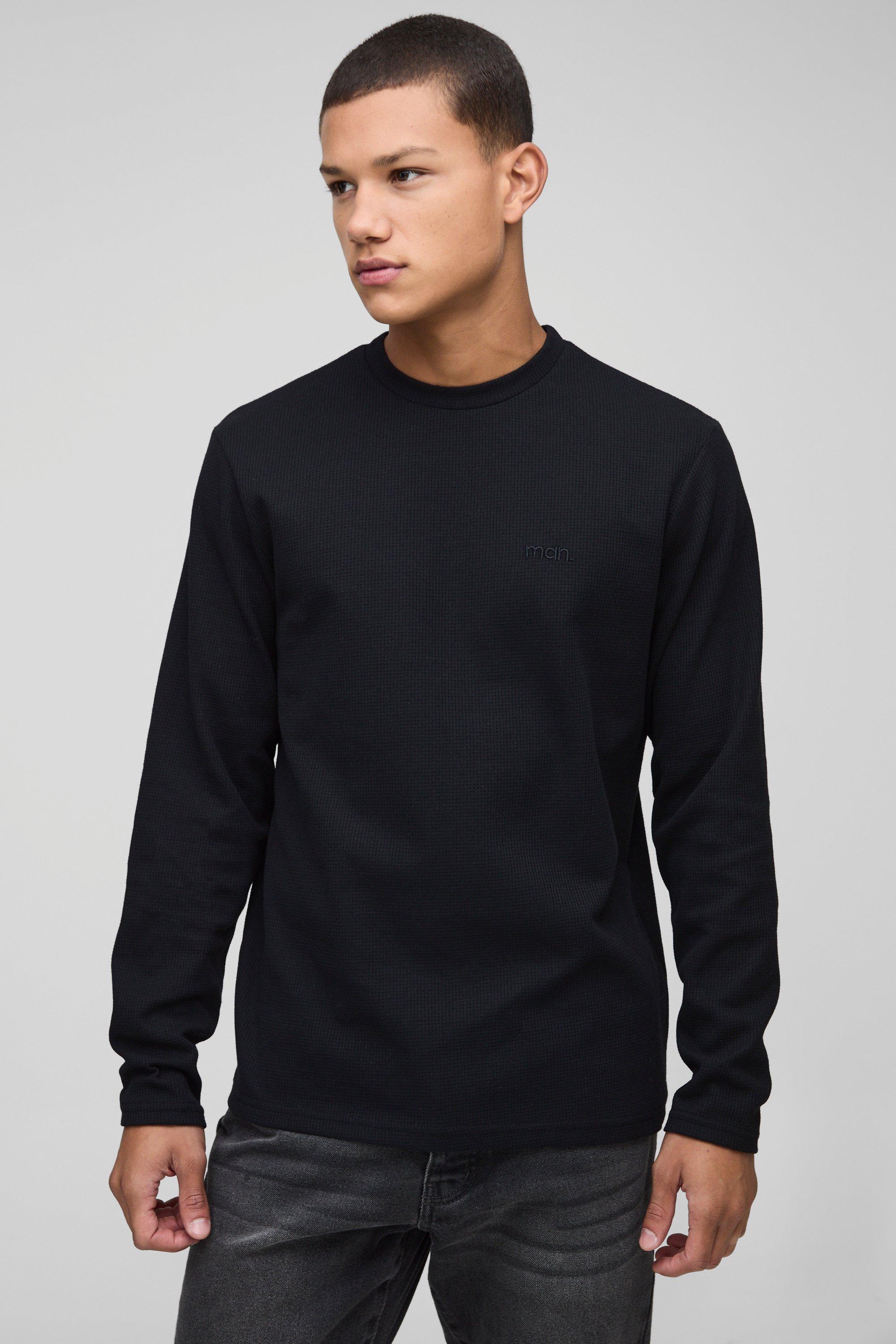 T-shirt a maniche lunghe con ricamo Man e trama a nido d'ape, Nero