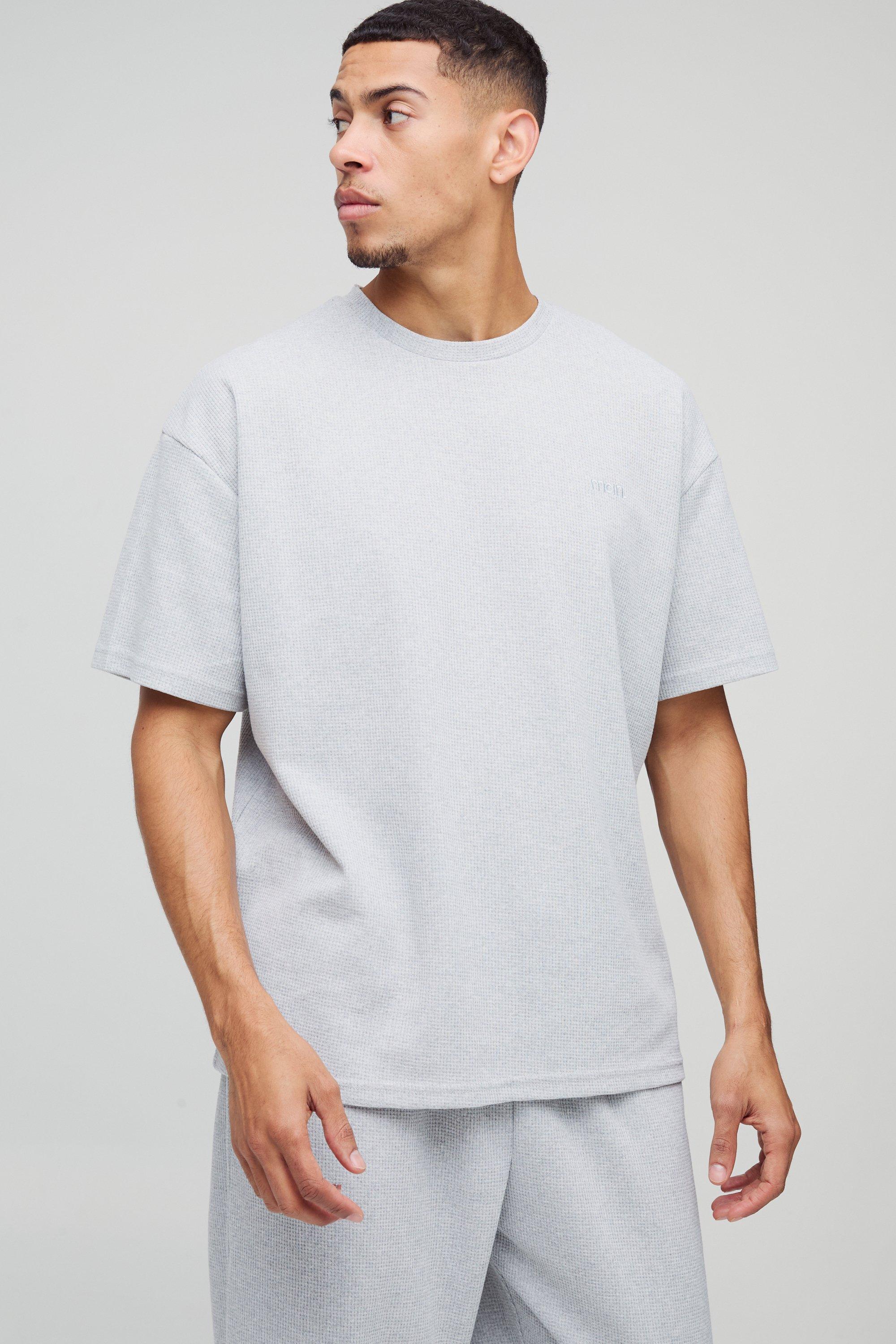 Mens Grey Oversized Man Embroidered Waffle T-Shirt, Grey