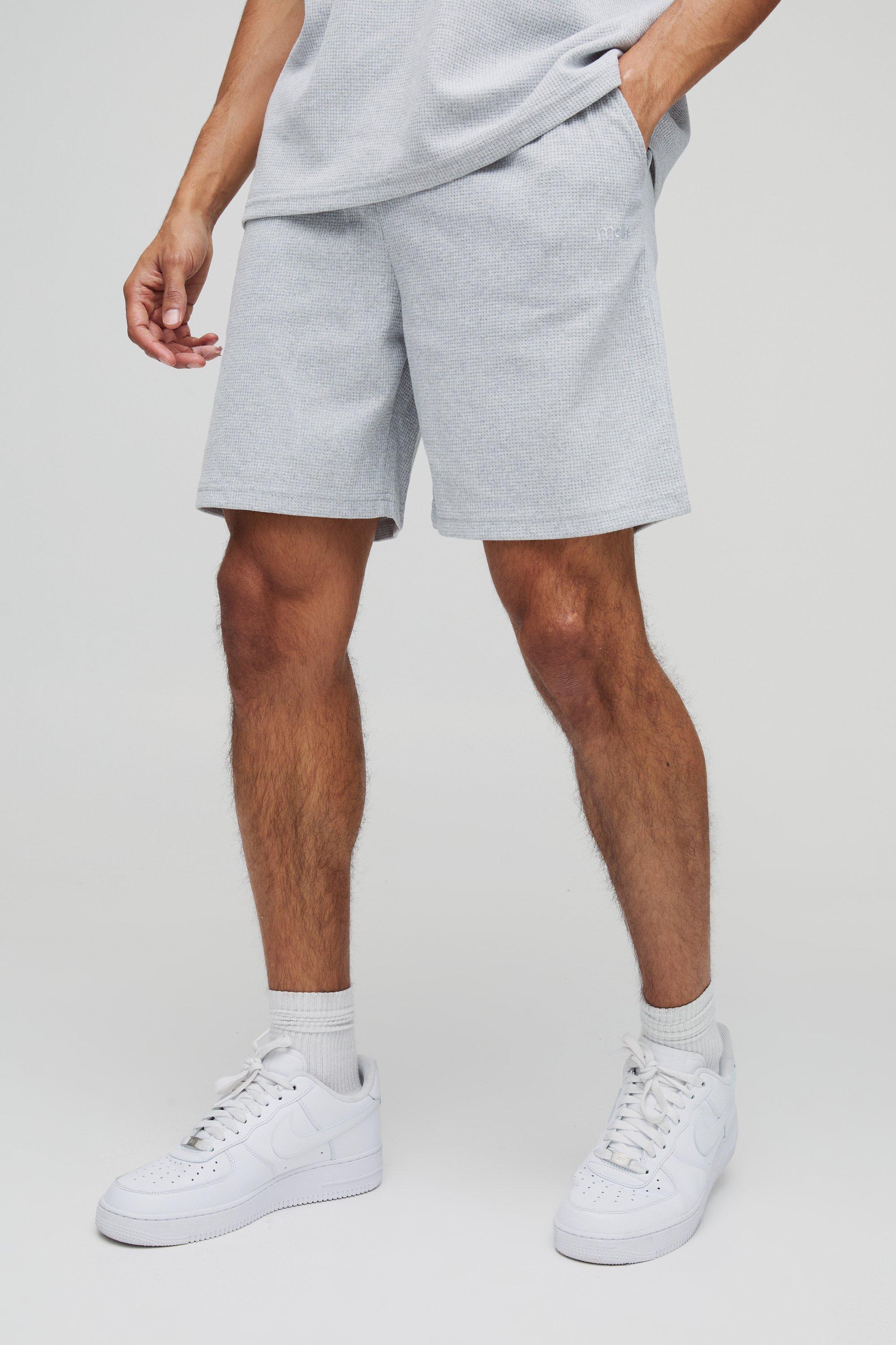 Mens Grey Relaxed Man Embroidered Waffle Shorts, Grey