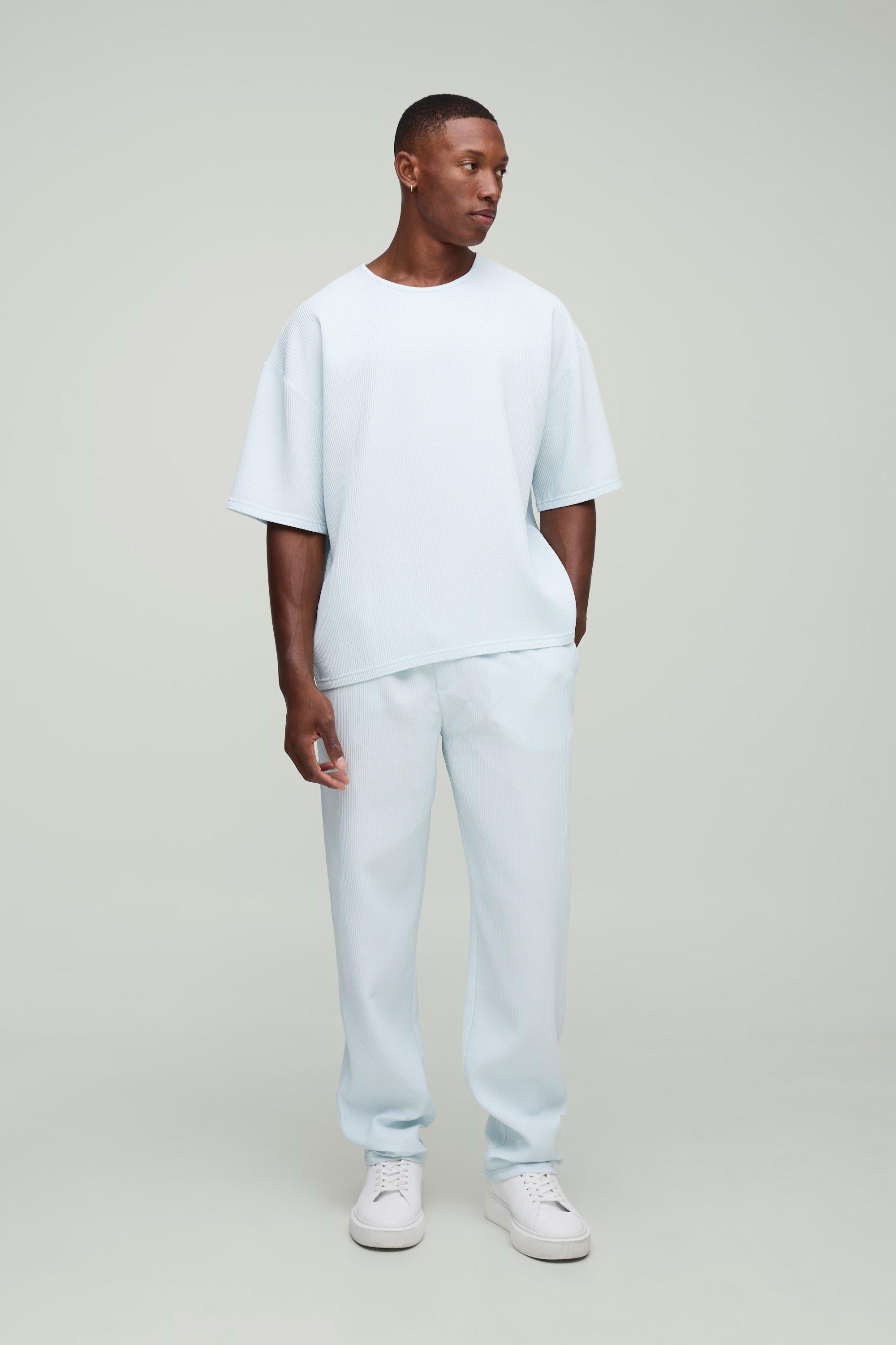 Mens Blue Oversized Boxy Pleated T-Shirt and Regular Fit Open Cuff Jogger Set, Blue